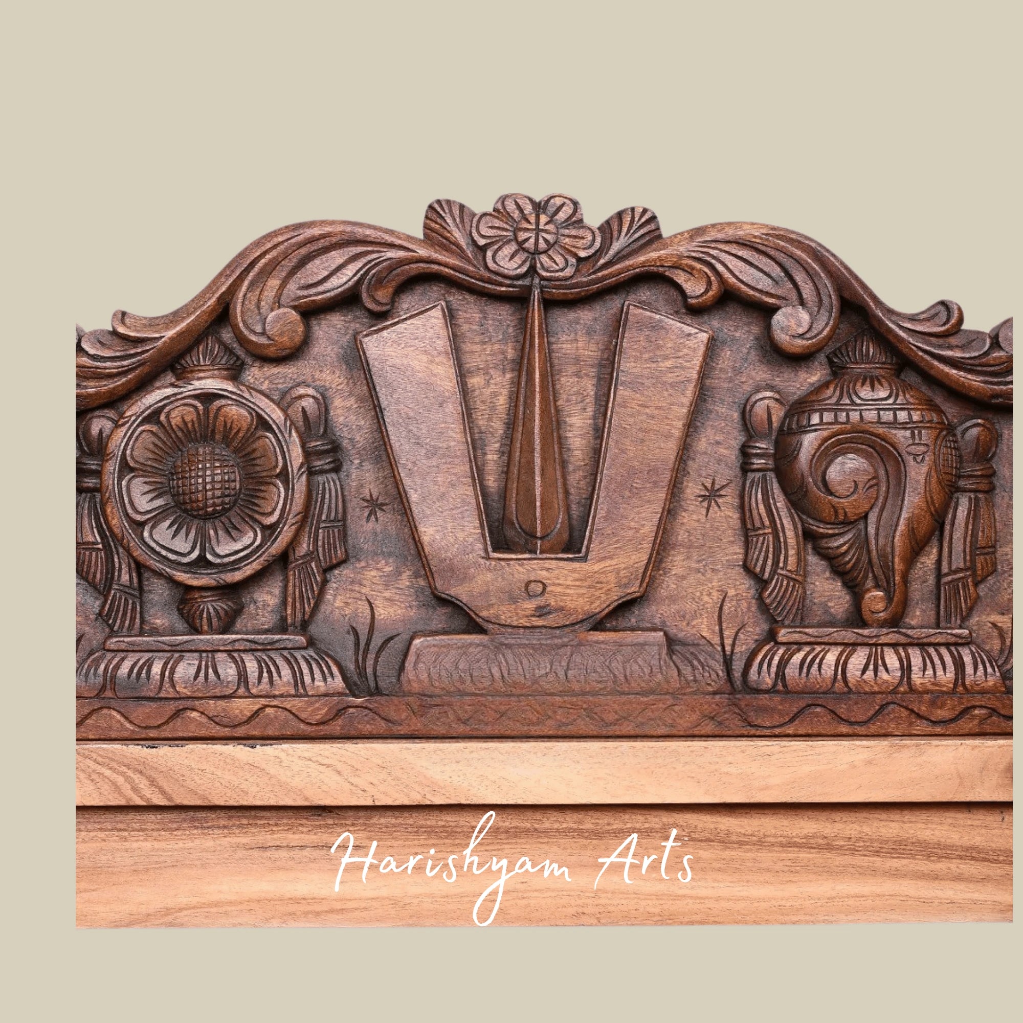 30" Floral Shankha Chakra Namam Design Wax Brown Wooden Wall Panel