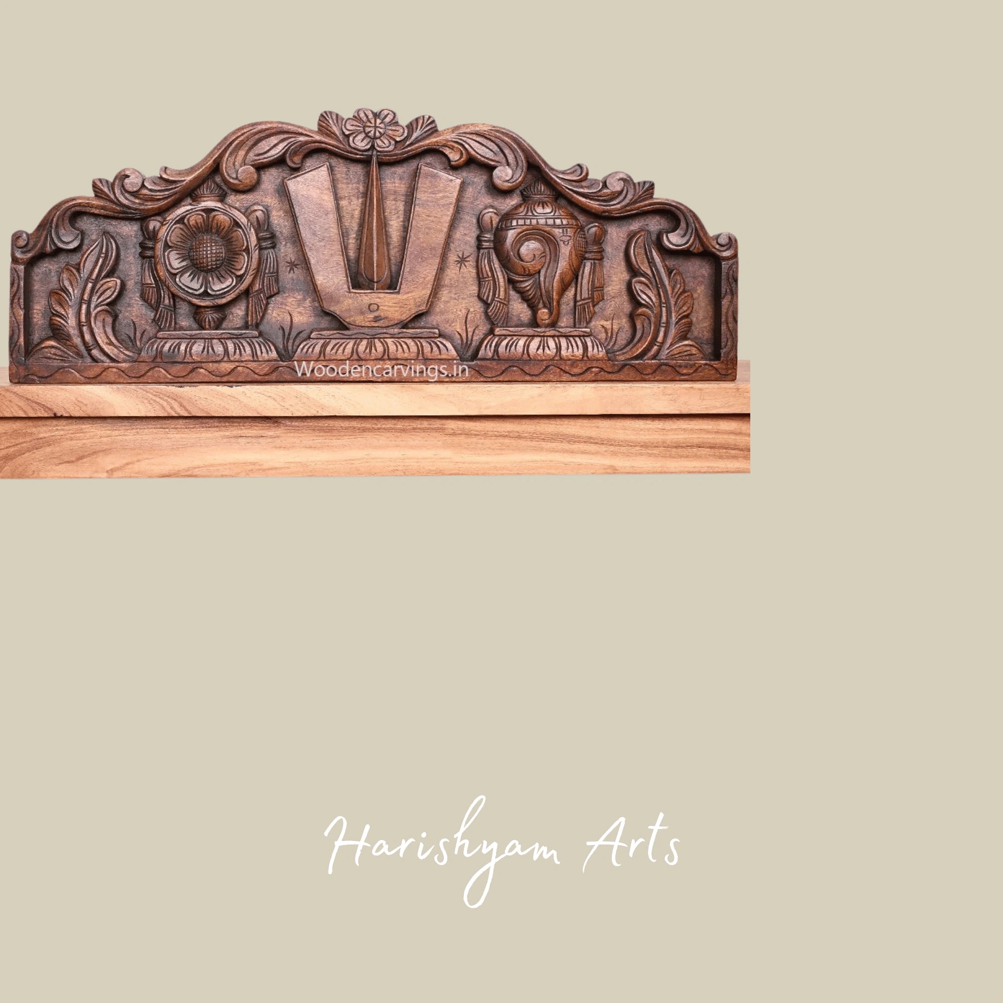 30" Floral Shankha Chakra Namam Design Wax Brown Wooden Wall Panel