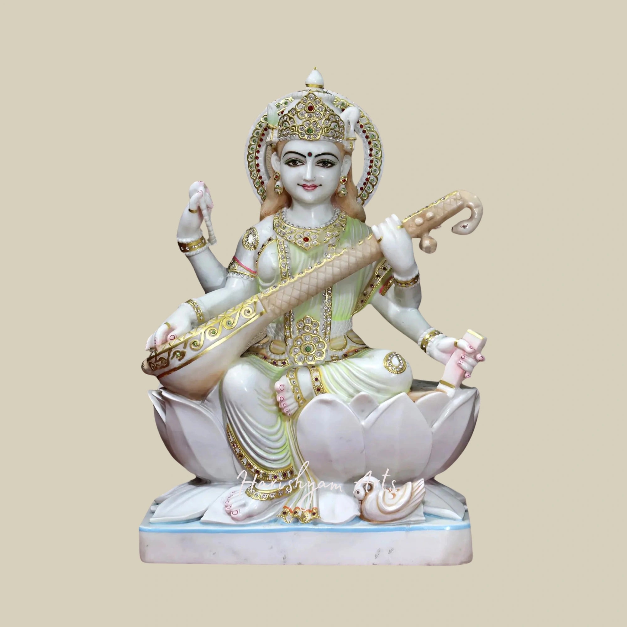 30" Four-Armed Goddess Saraswati Idol White Makrana Marble Sculpture