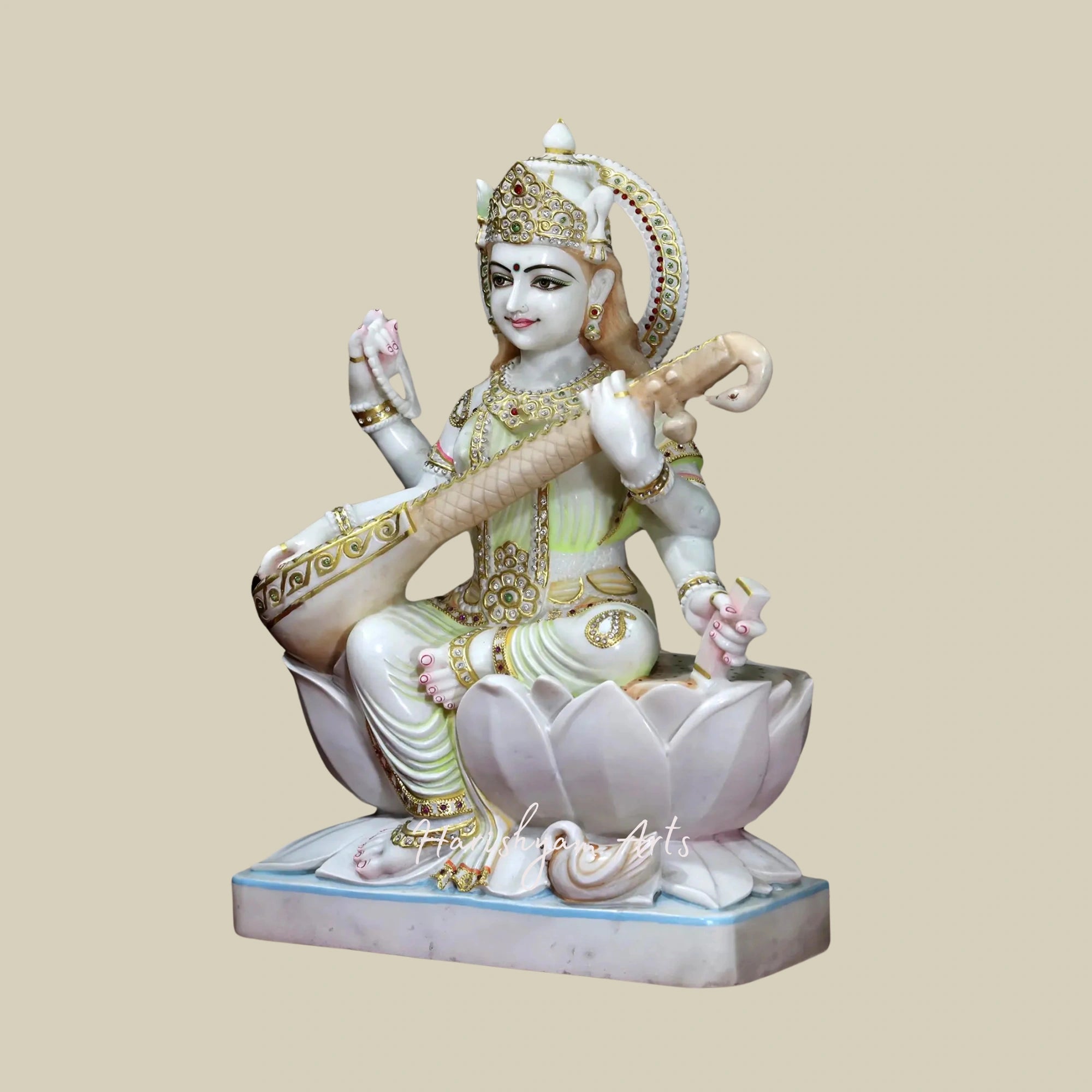 30" Four-Armed Goddess Saraswati Idol White Makrana Marble Sculpture1