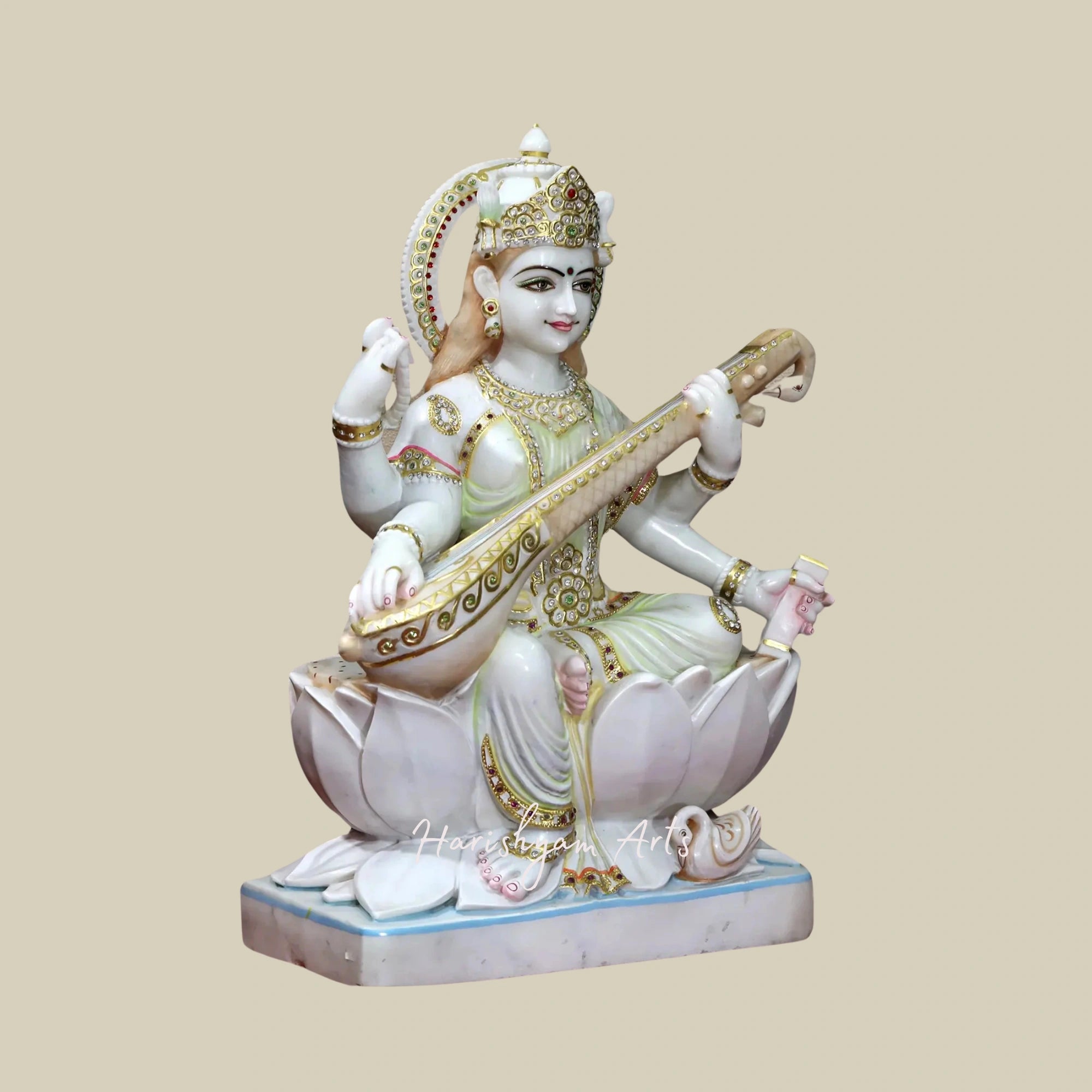 30" Four-Armed Goddess Saraswati Idol White Makrana Marble Sculpture3