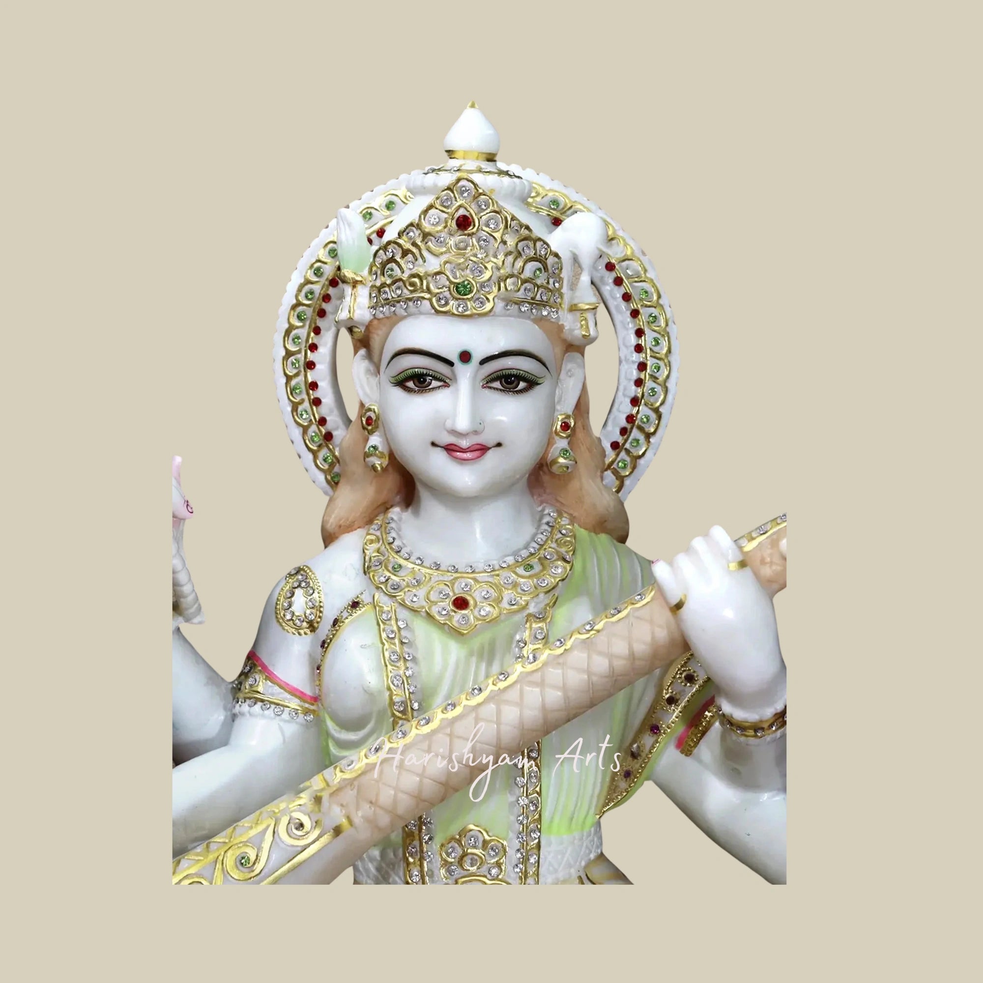 30" Four-Armed Goddess Saraswati Idol White Makrana Marble Sculpture3