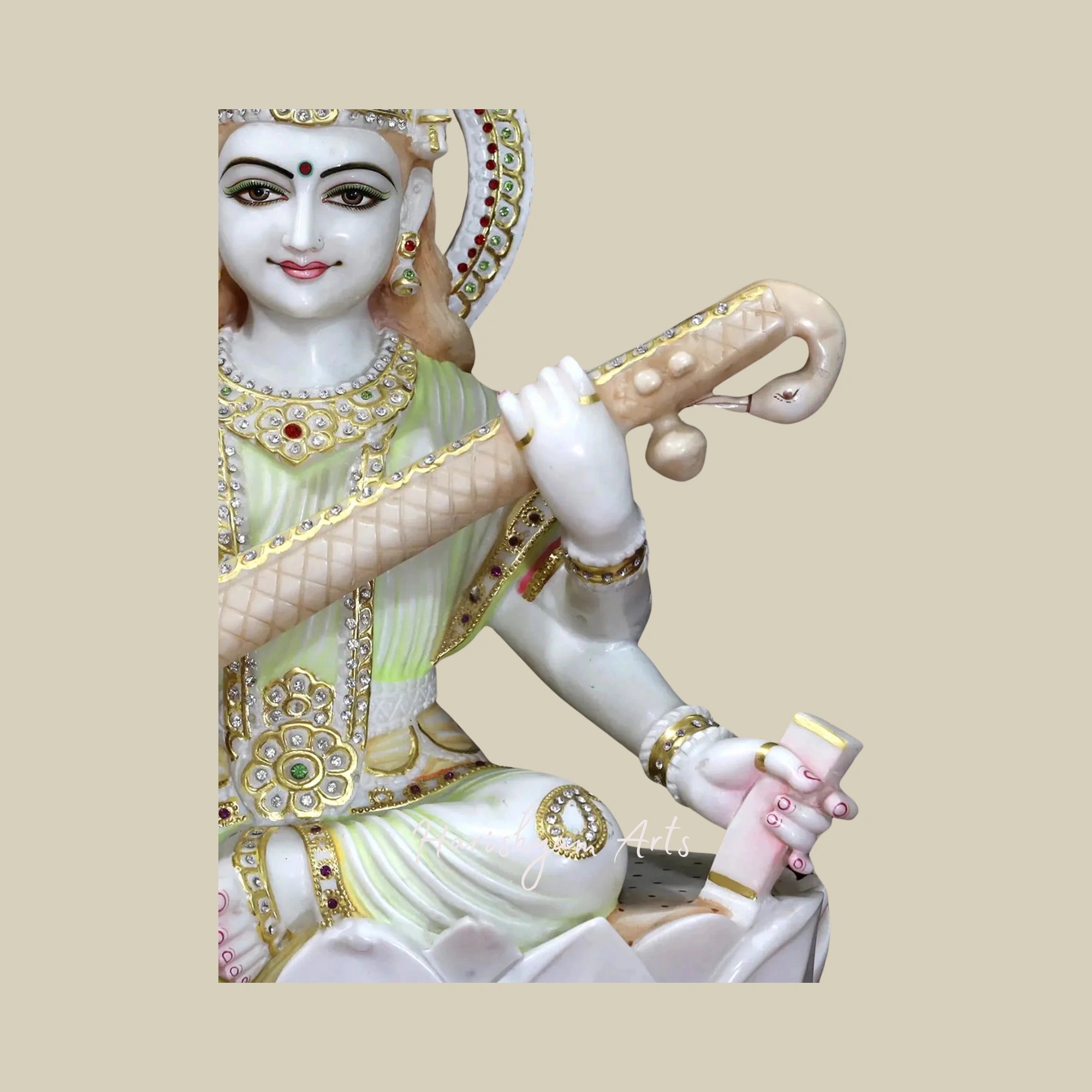 30" Four-Armed Goddess Saraswati Idol White Makrana Marble Sculpture4