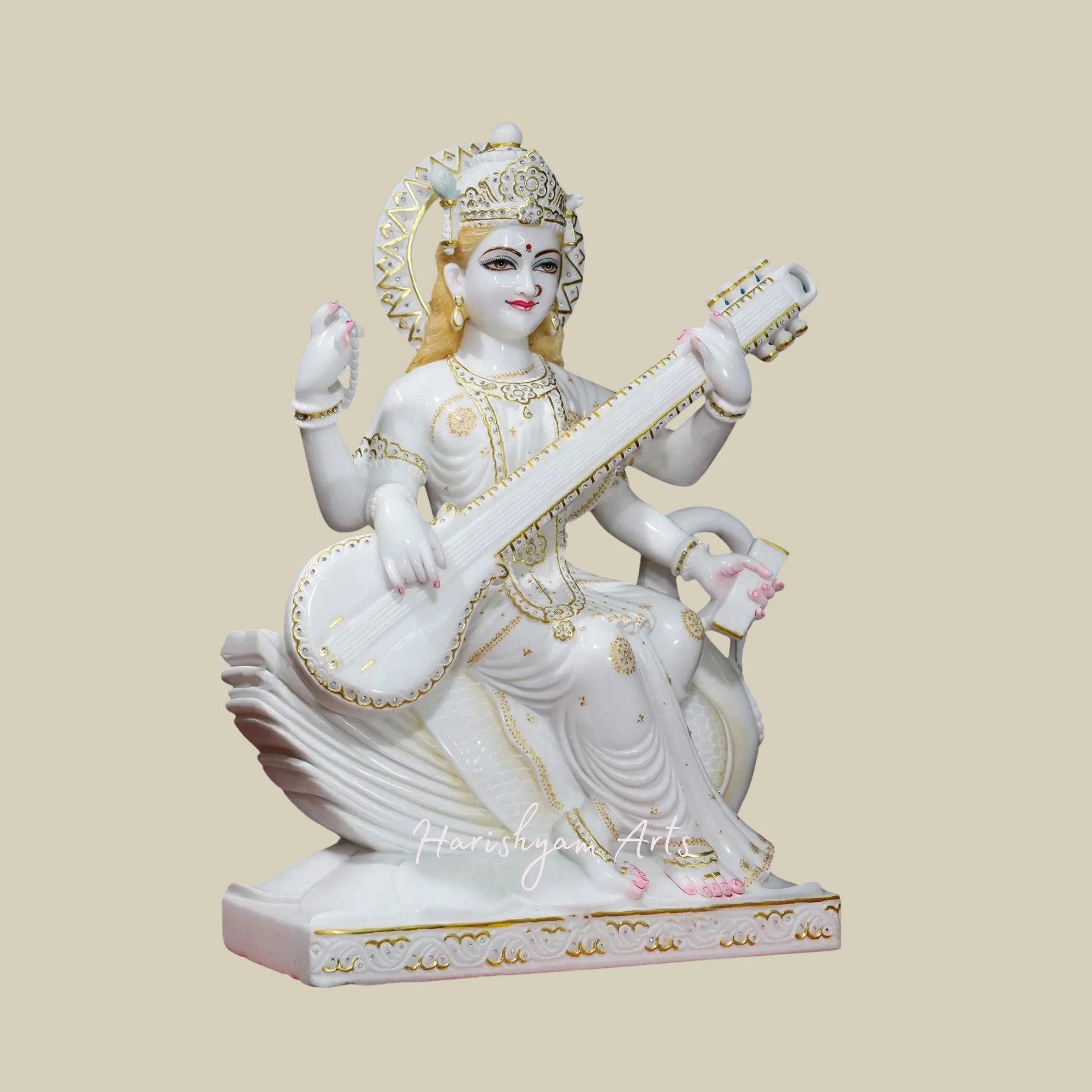 30" Goddess Saraswati Idol Seated on Swan Super White Vietnam Marble Statue