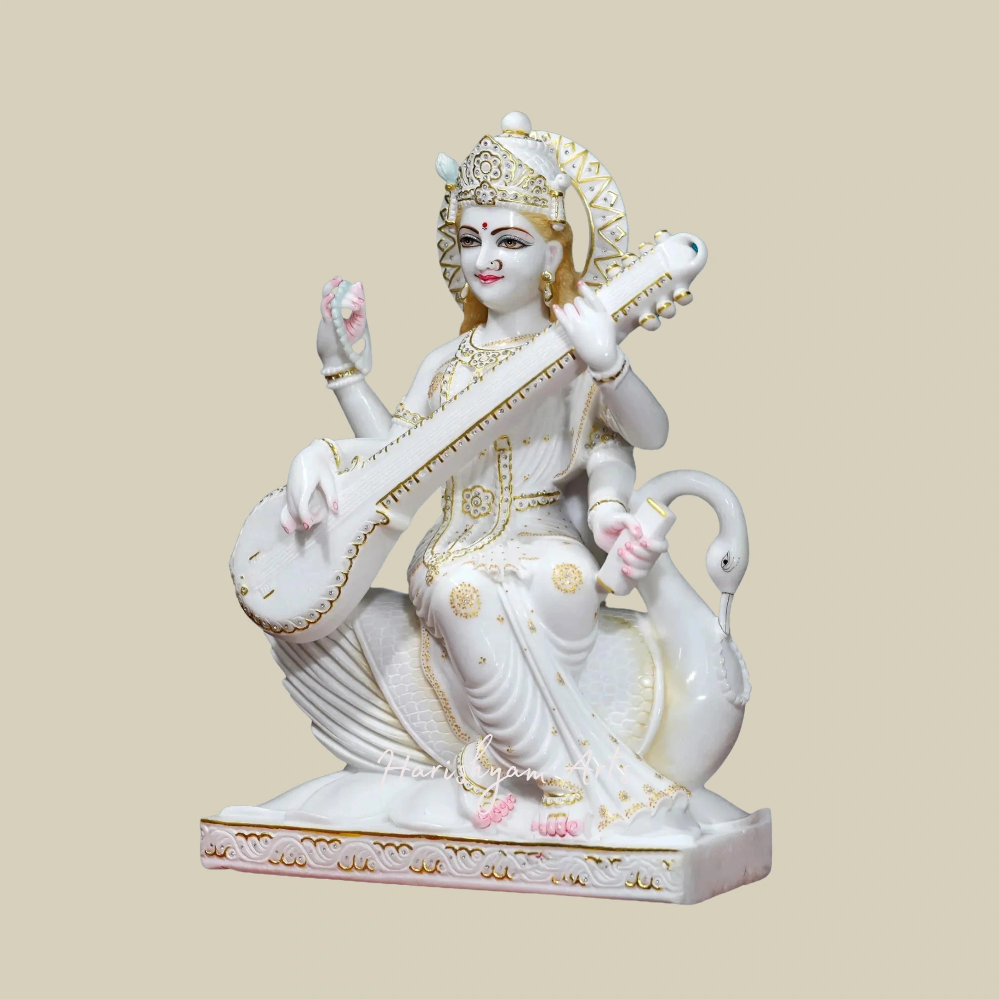 30" Goddess Saraswati Idol Seated on Swan Super White Vietnam Marble Statue1