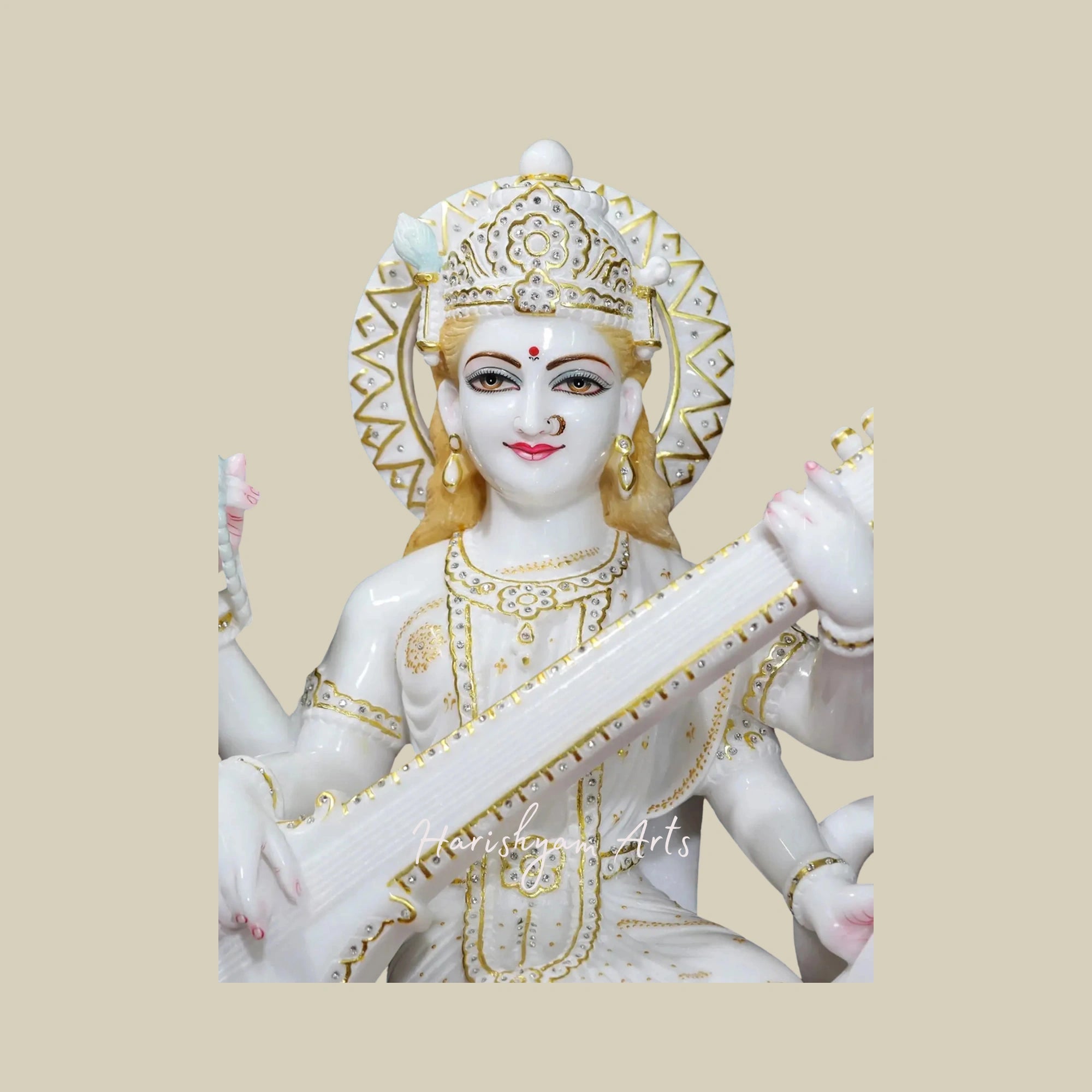 30" Goddess Saraswati Idol Seated on Swan Super White Vietnam Marble Statue2