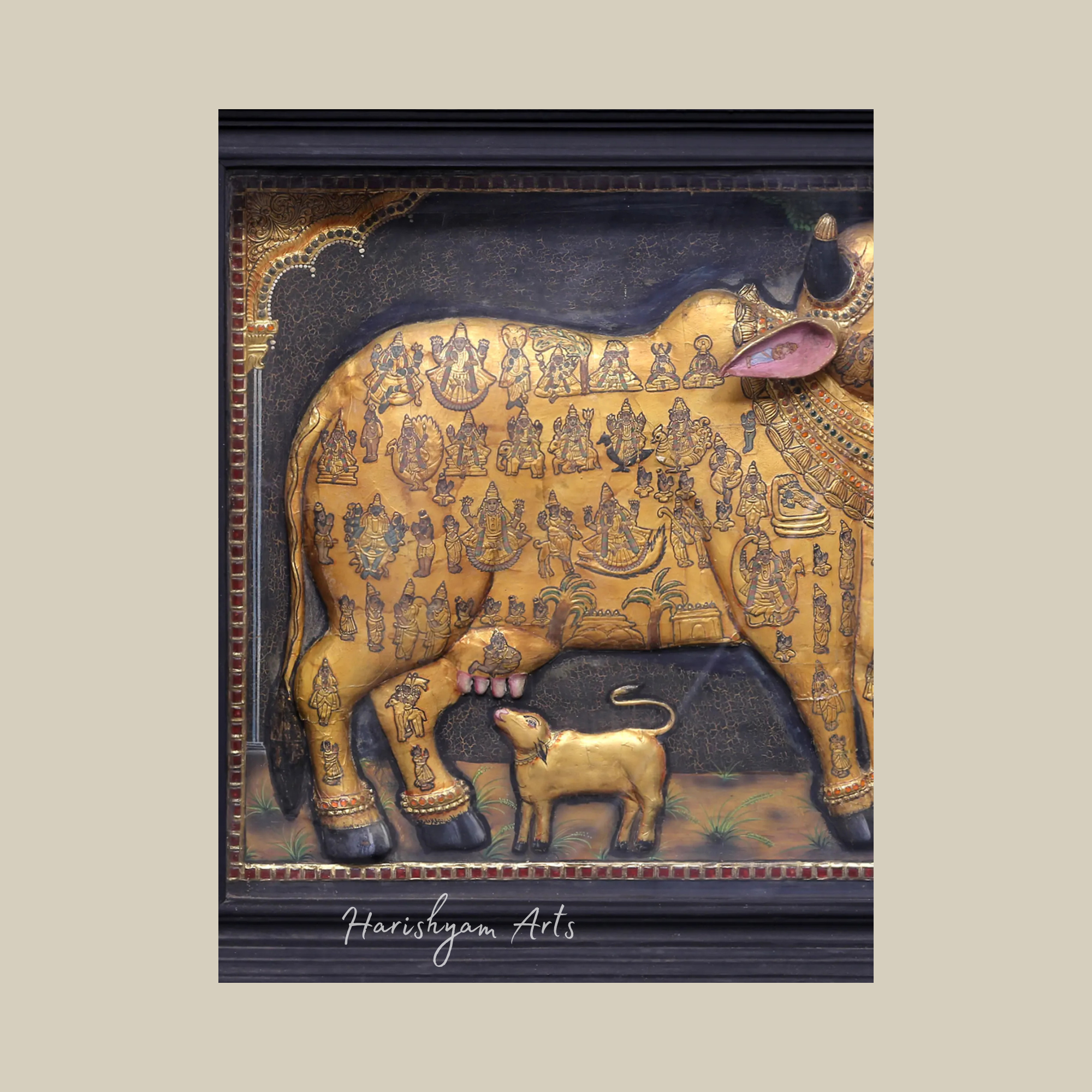 30" Grand Tanjore Painting of Kashyapa Worshipping the Holy Kamadhenu Cow