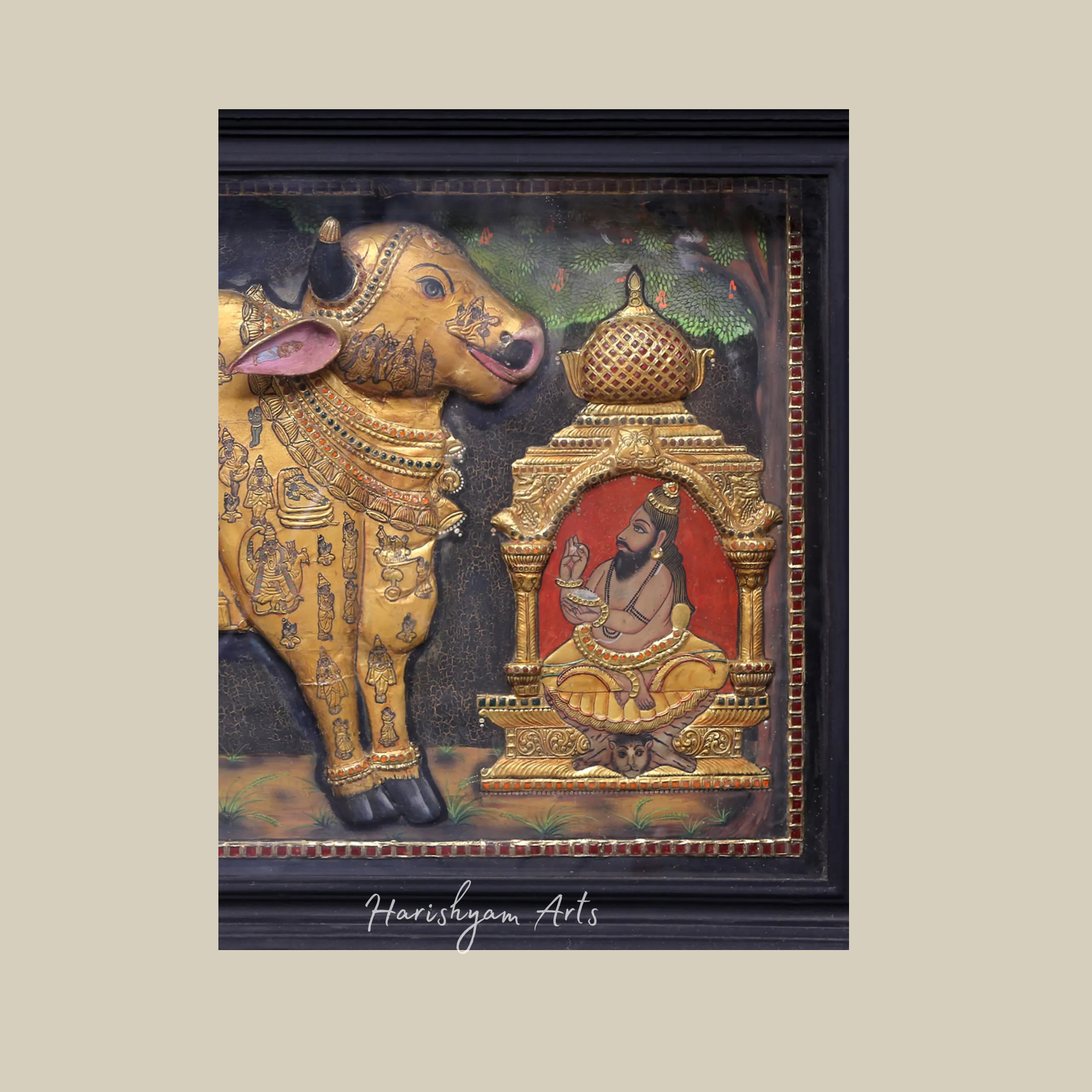 30" Grand Tanjore Painting of Kashyapa Worshipping the Holy Kamadhenu Cow