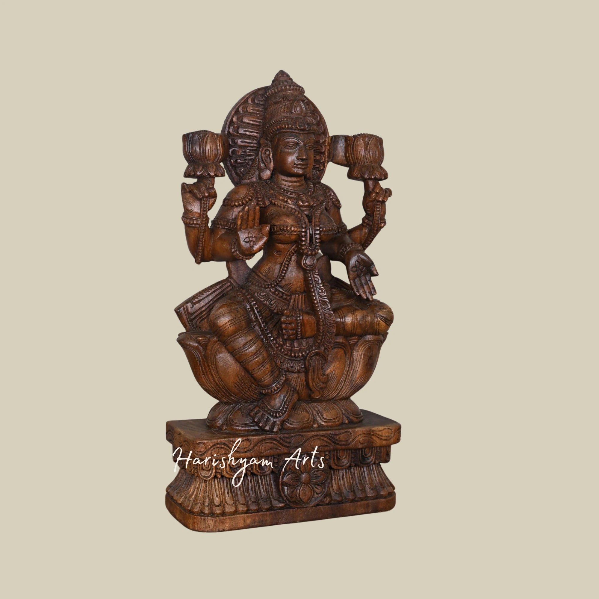 30" Handmade Lakshmi Maa Wooden Idol Sitting Gracefully on a Lotus1