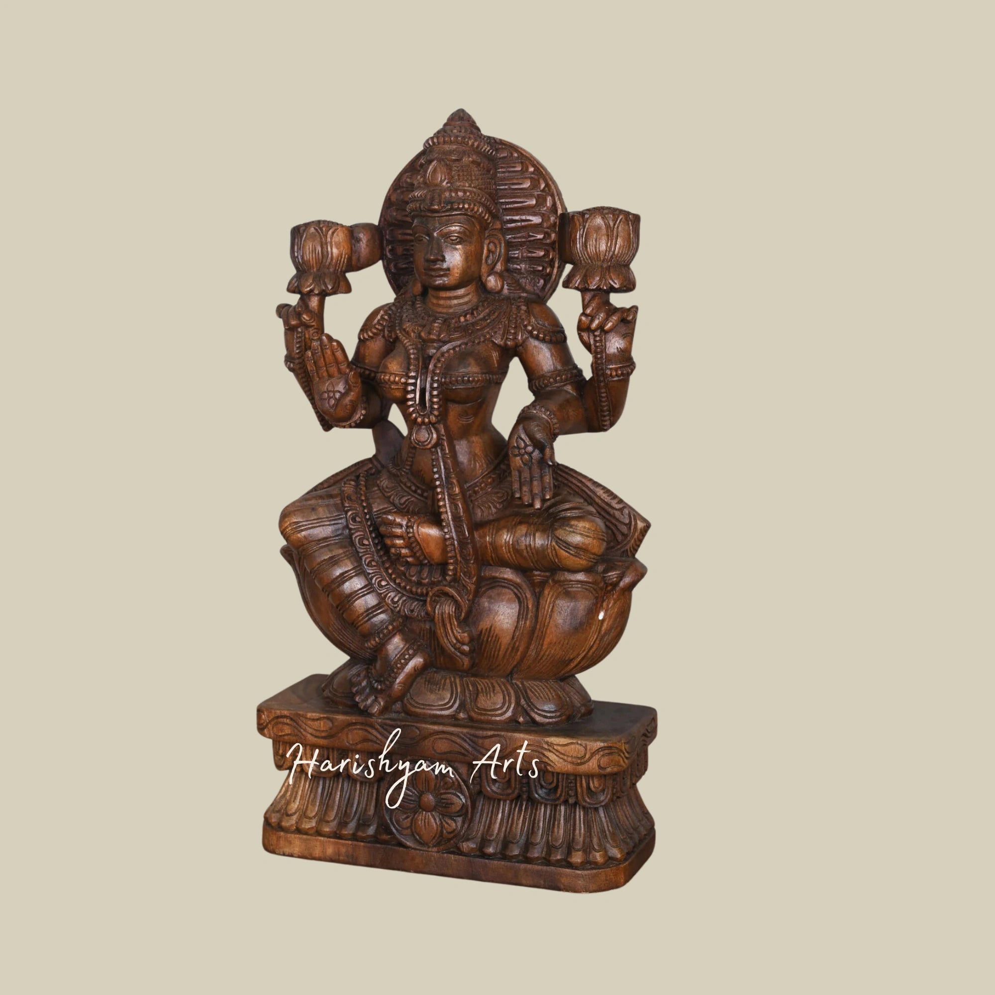 30" Handmade Lakshmi Maa Wooden Idol Sitting Gracefully on a Lotus2