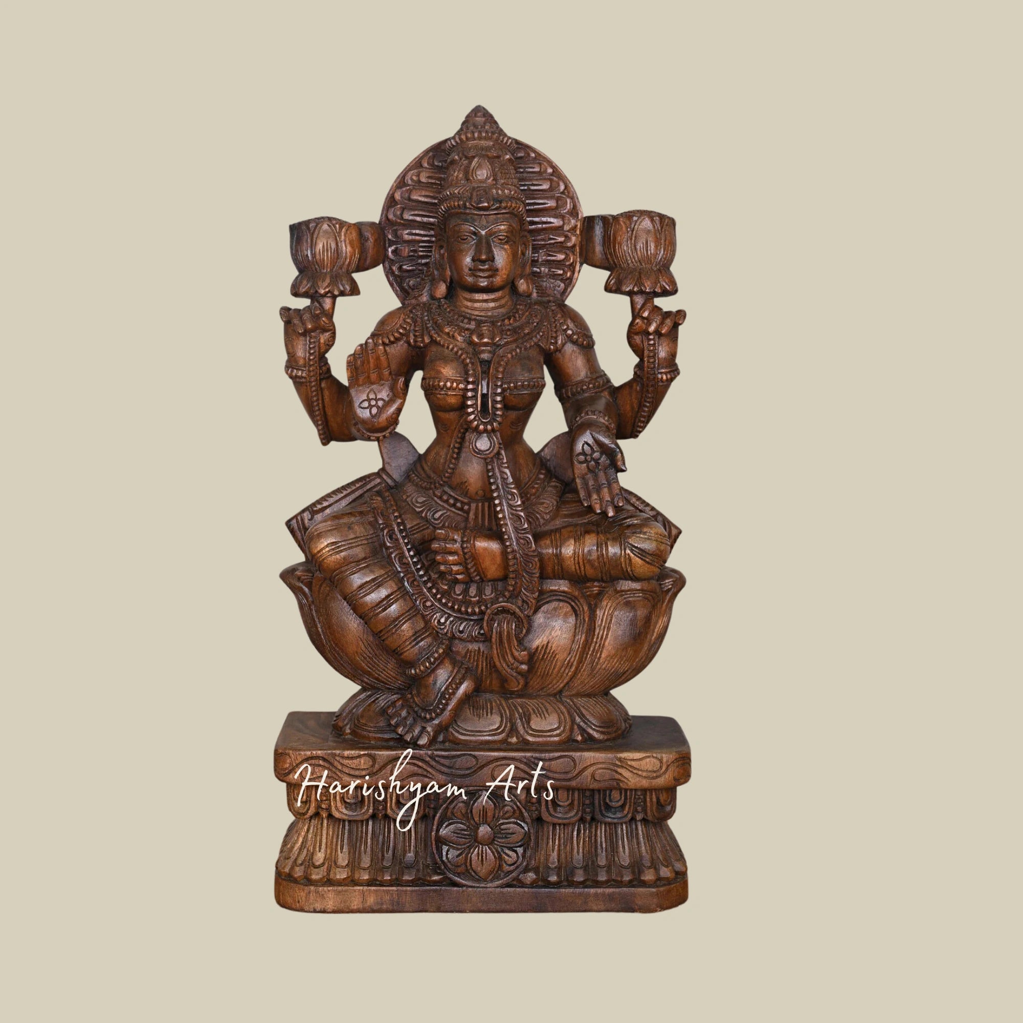 30" Handmade Lakshmi Maa Wooden Idol Sitting Gracefully on a Lotus3