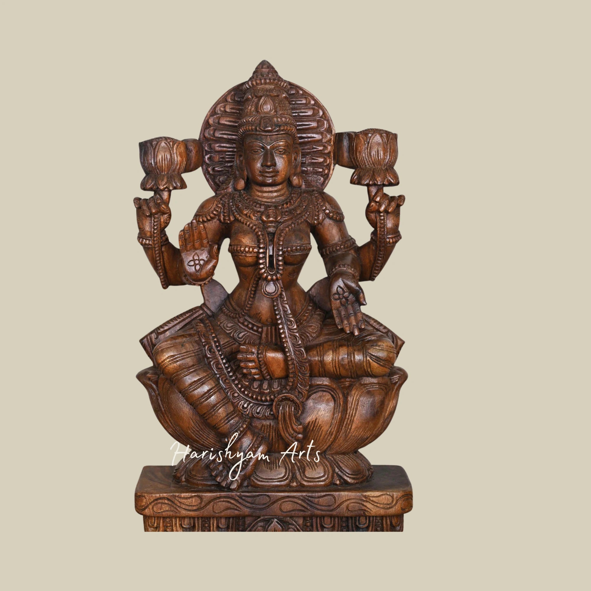 30" Handmade Lakshmi Maa Wooden Idol Sitting Gracefully on a Lotus4