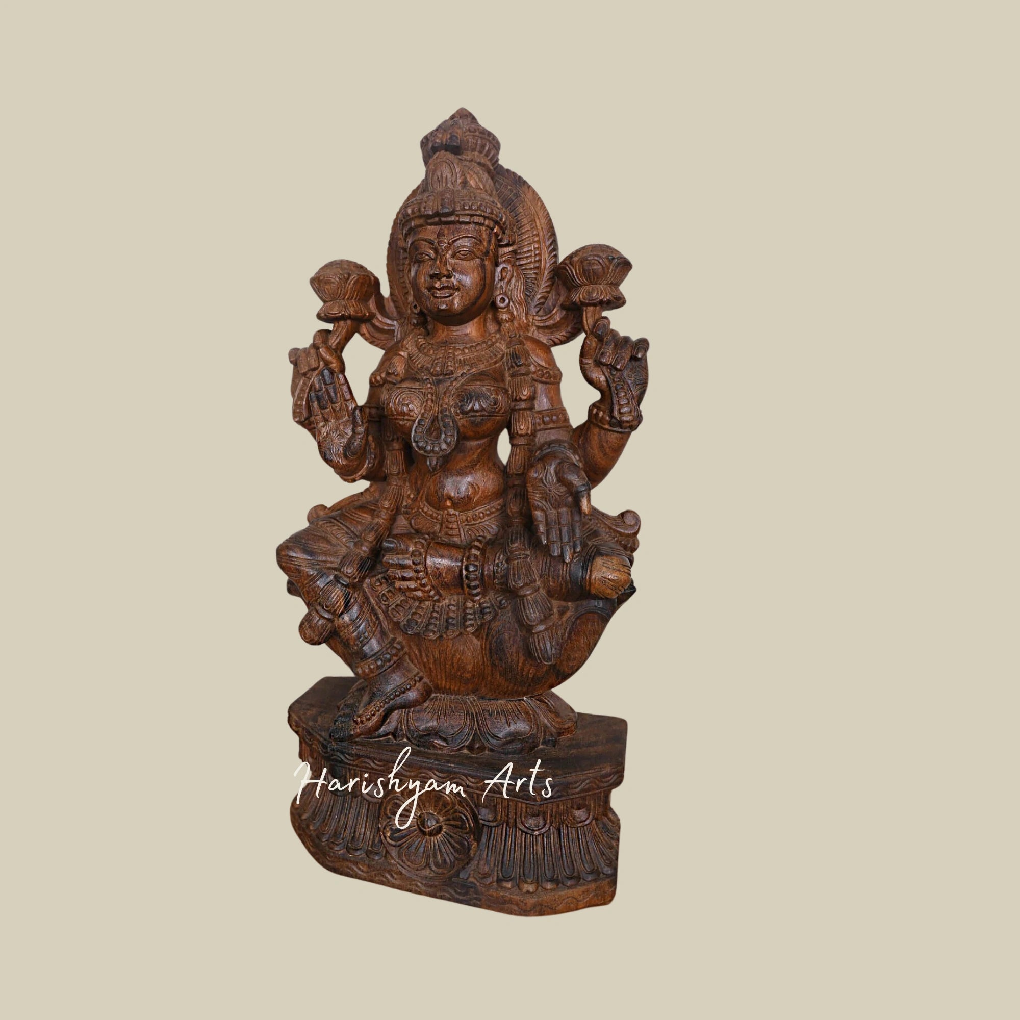 30" Handmade Lakshmi Maa Wooden Idol Sitting Gracefully on a Lotus5