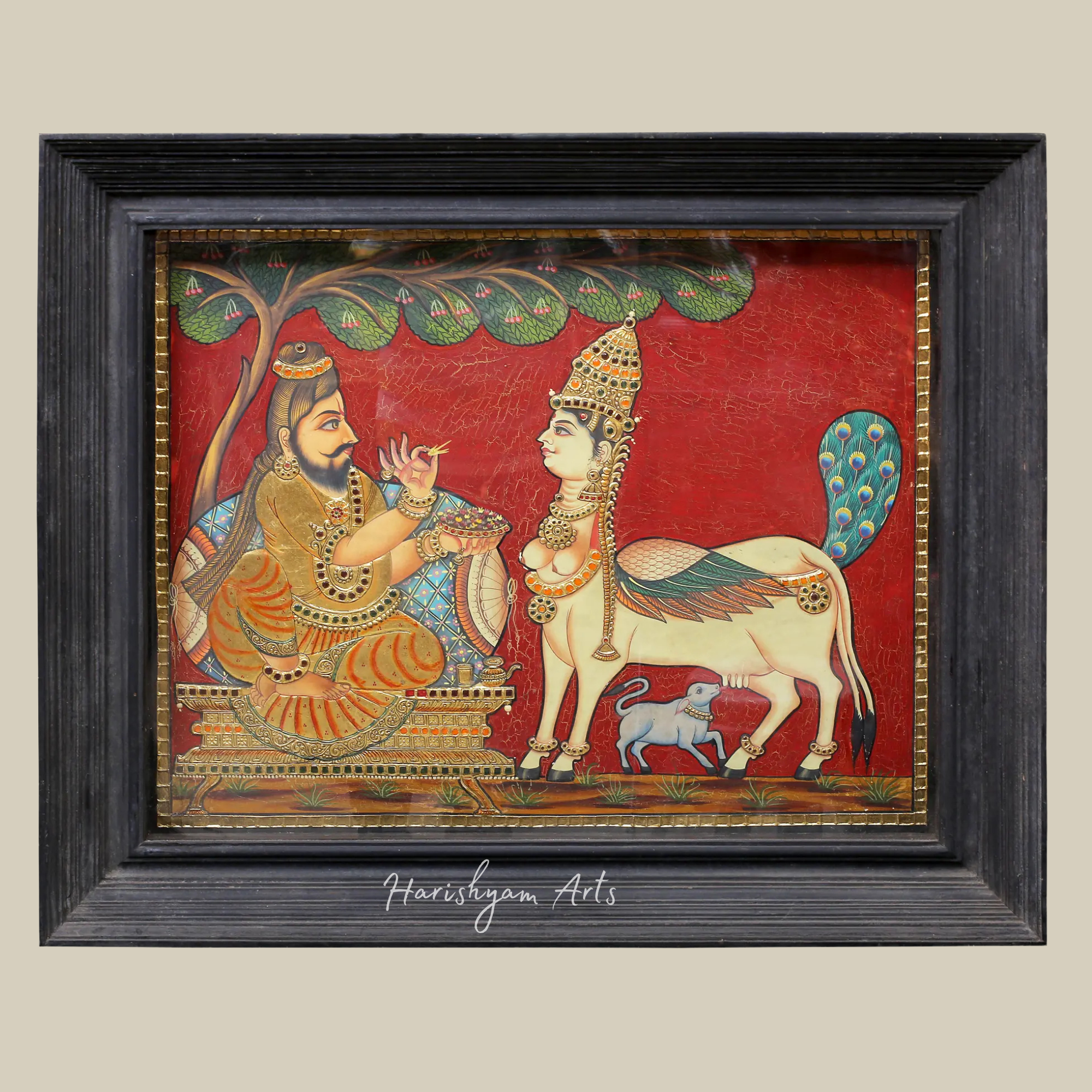 30" Kamadhenu Cow Worshipped by Sage Vashista in Tanjore Art