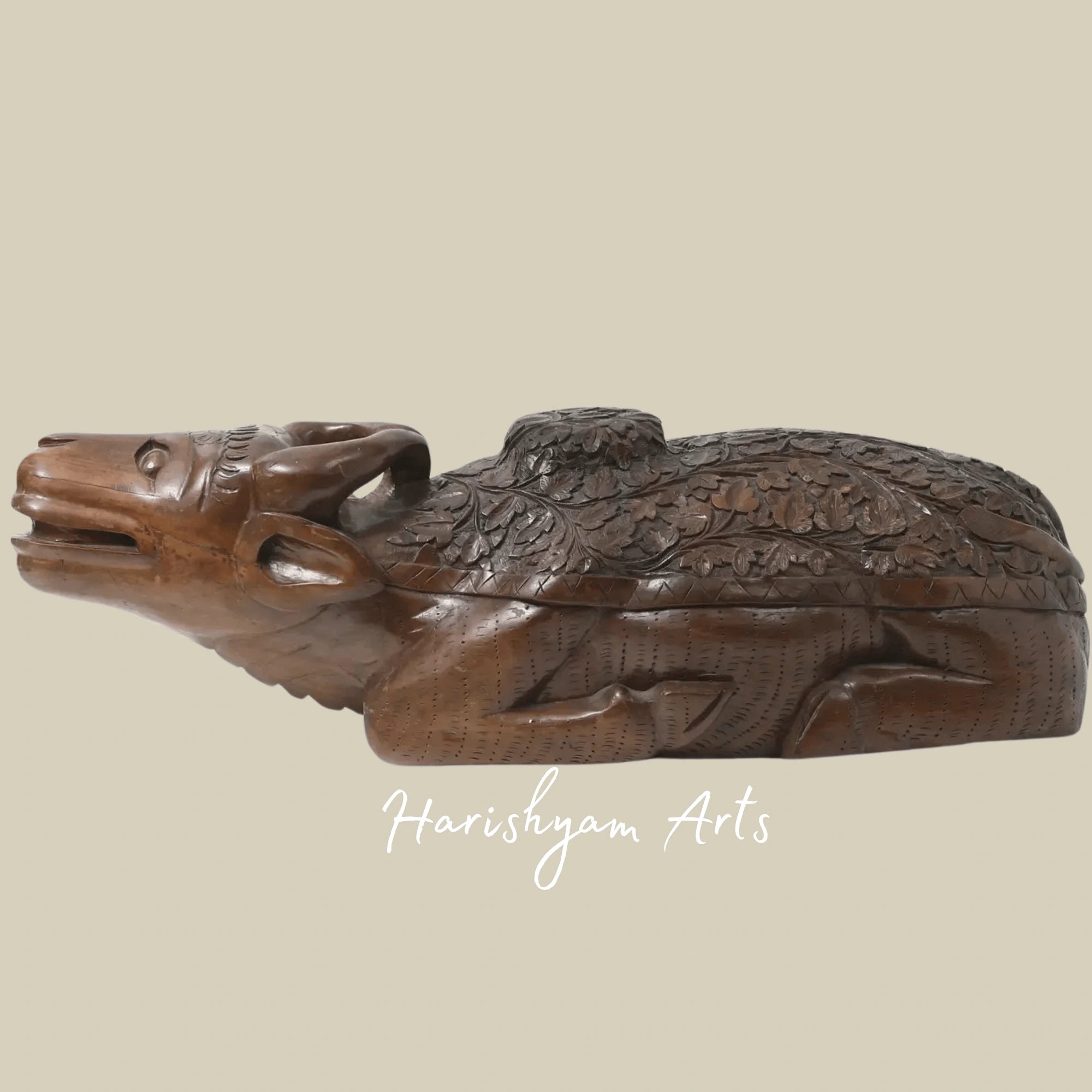 30" Large Wooden Sitting Cow Sculpture with Intricate Carved Back Design