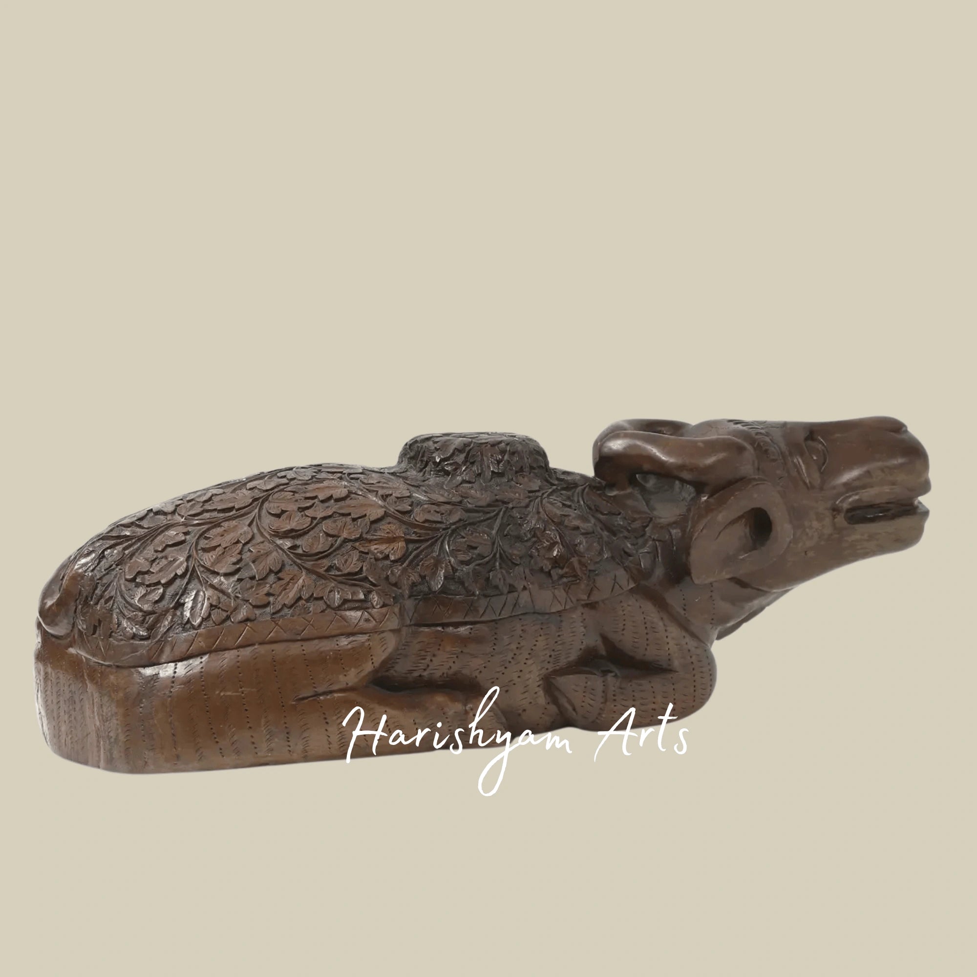 30" Large Wooden Sitting Cow Sculpture with Intricate Carved Back Design