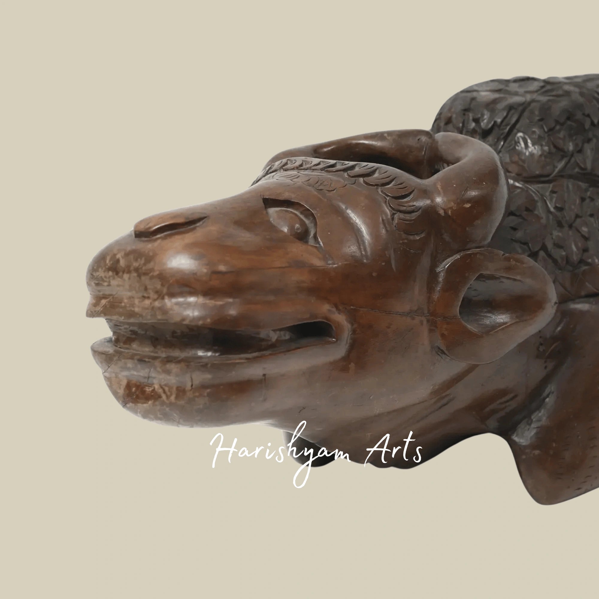 30" Large Wooden Sitting Cow Sculpture with Intricate Carved Back Design