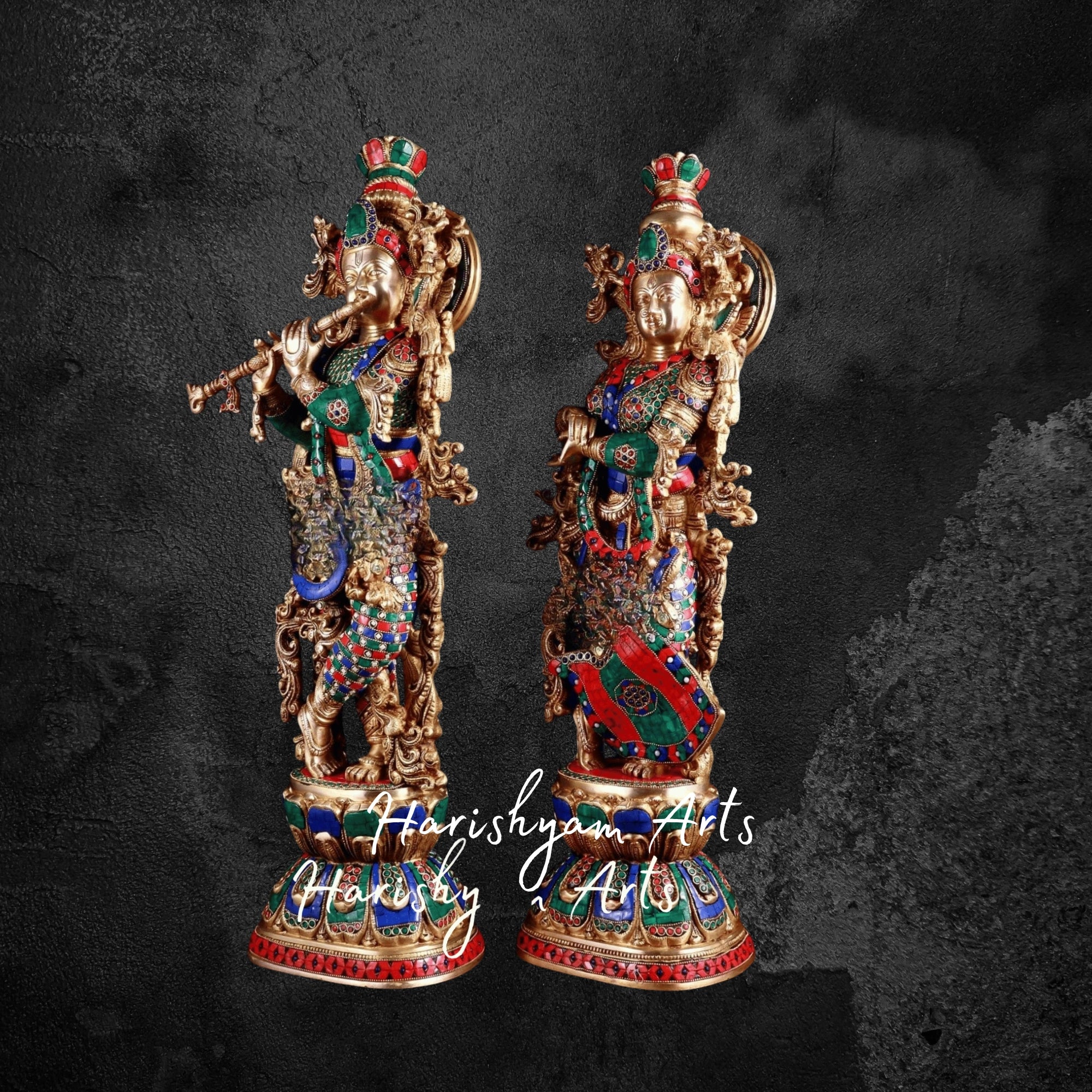 30" Radha Krishna Brass Idol Set with Meenakari Art Touch