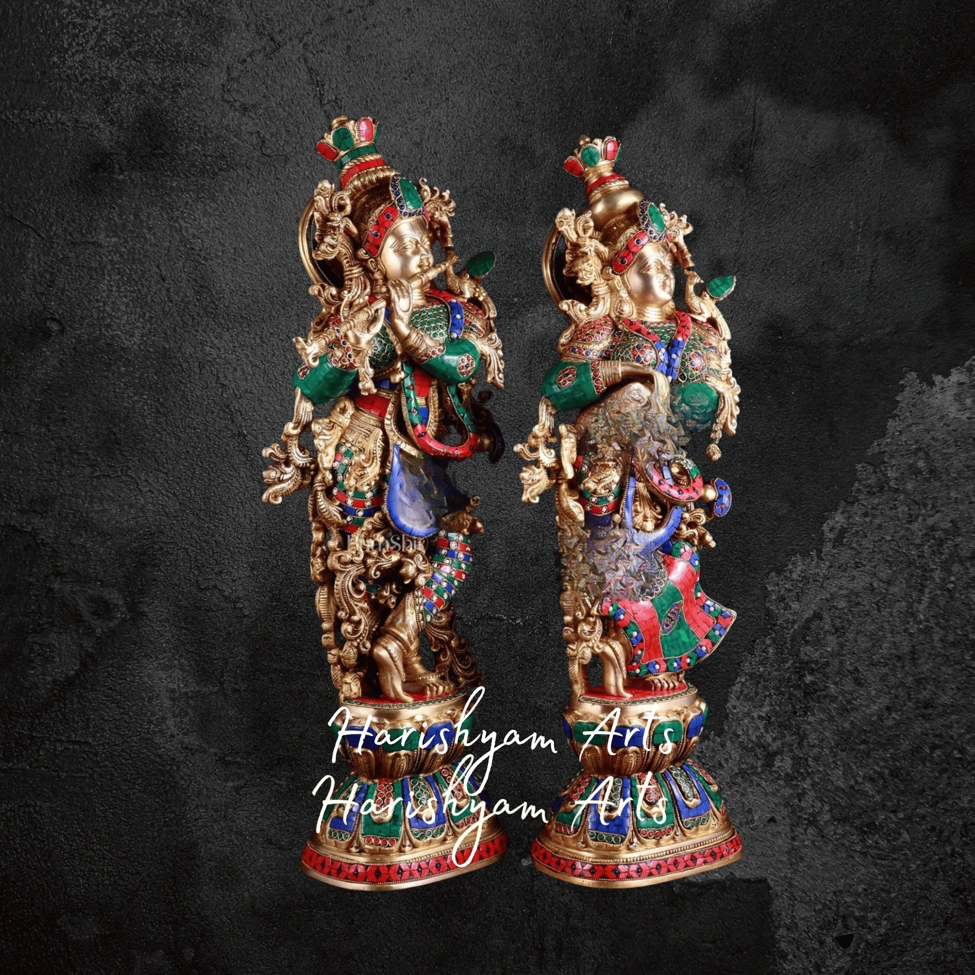 30" Radha Krishna Brass Idol Set with Meenakari Art Touch