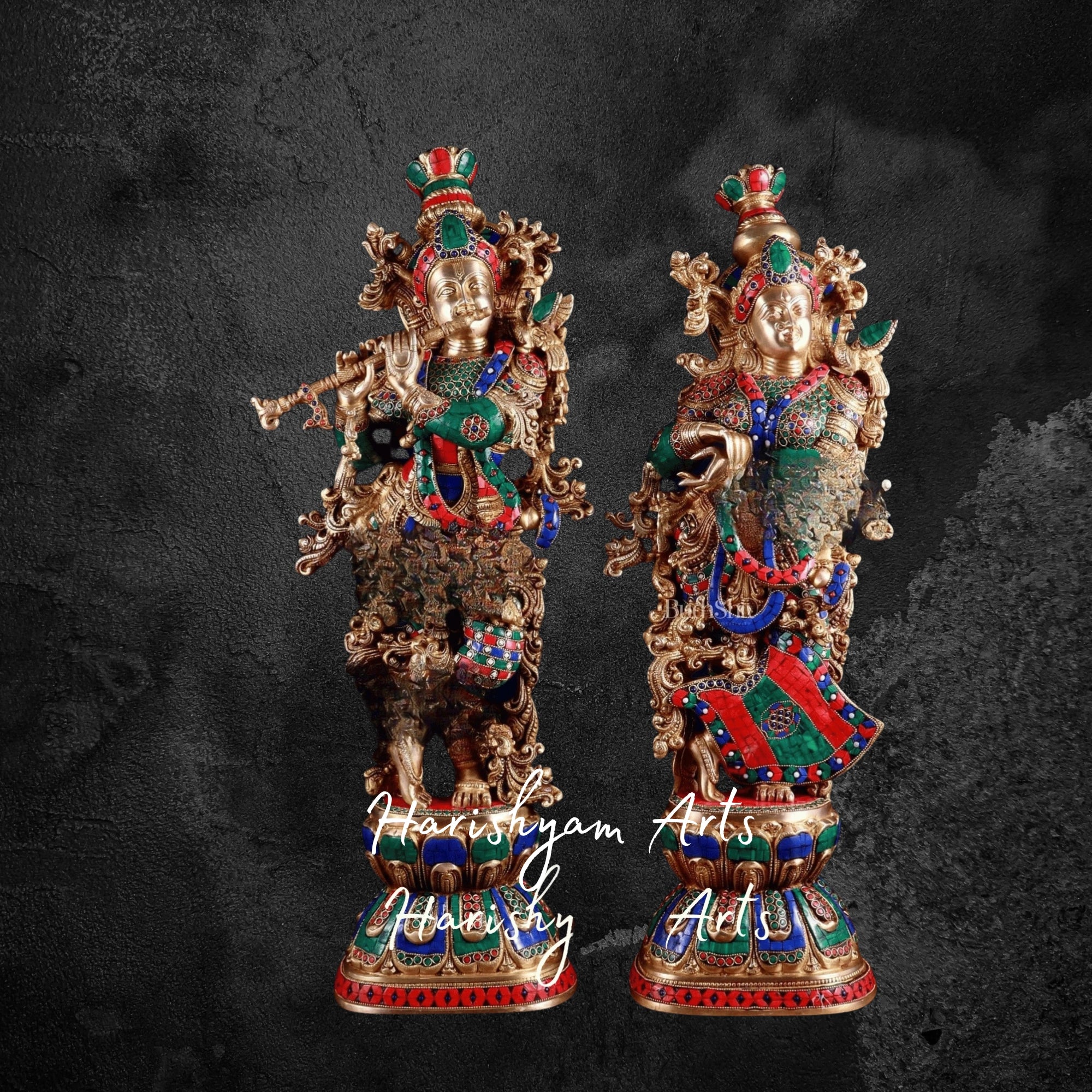 30" Radha Krishna Brass Idol Set with Meenakari Art Touch