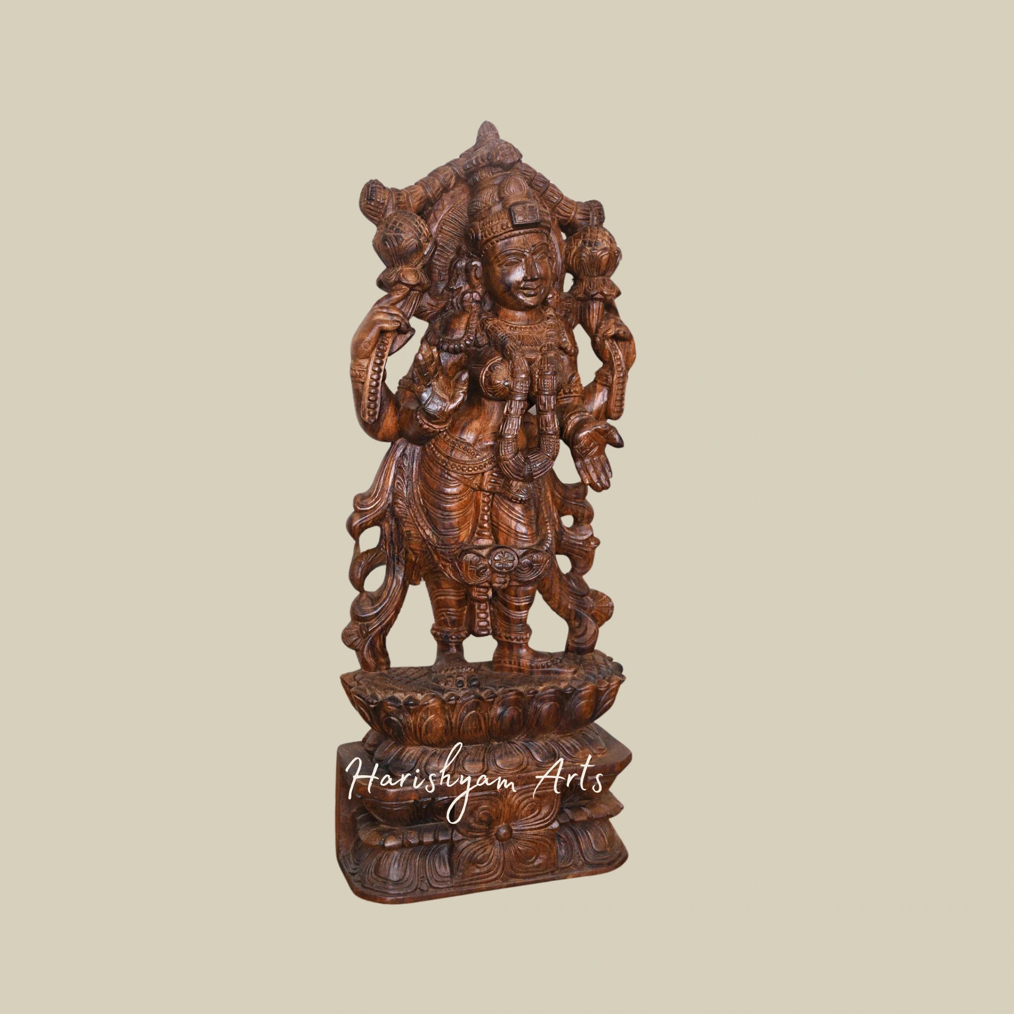 30" Wooden Lakshmi Mata Murti of Blessing Mahalakshmi Standing on a Lotus Base