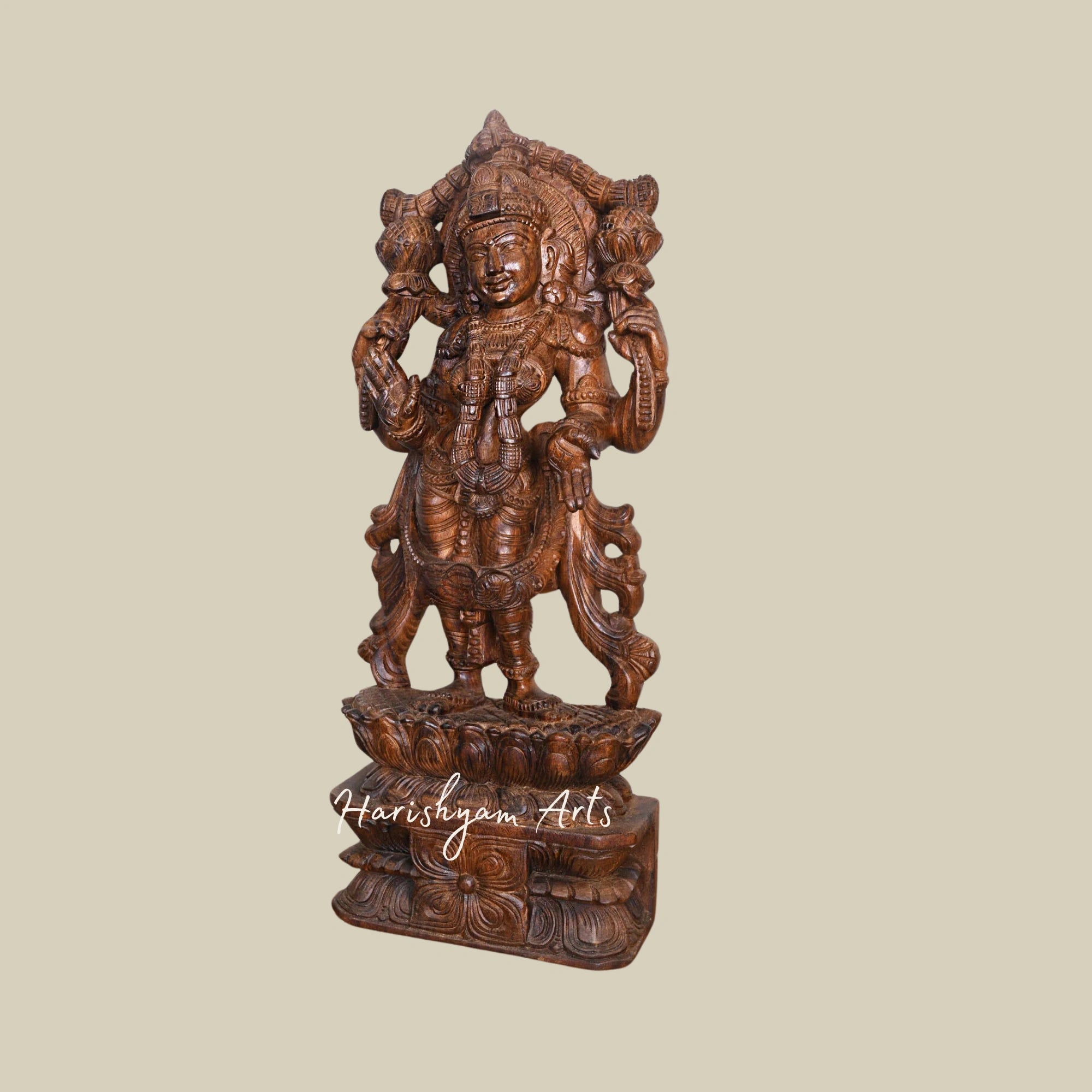 30" Wooden Lakshmi Mata Murti of Blessing Mahalakshmi Standing on a Lotus Base1