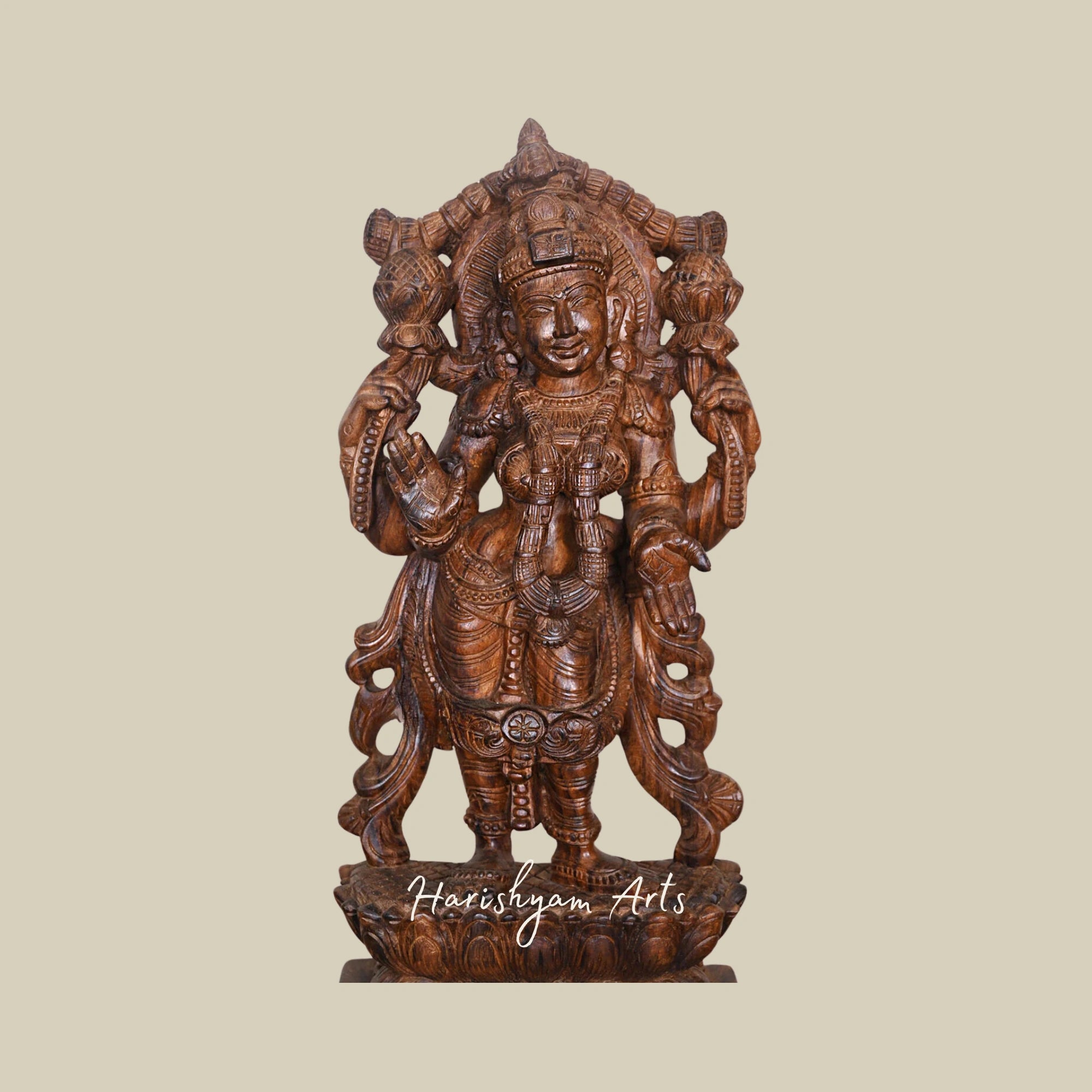 30" Wooden Lakshmi Mata Murti of Blessing Mahalakshmi Standing on a Lotus Base2