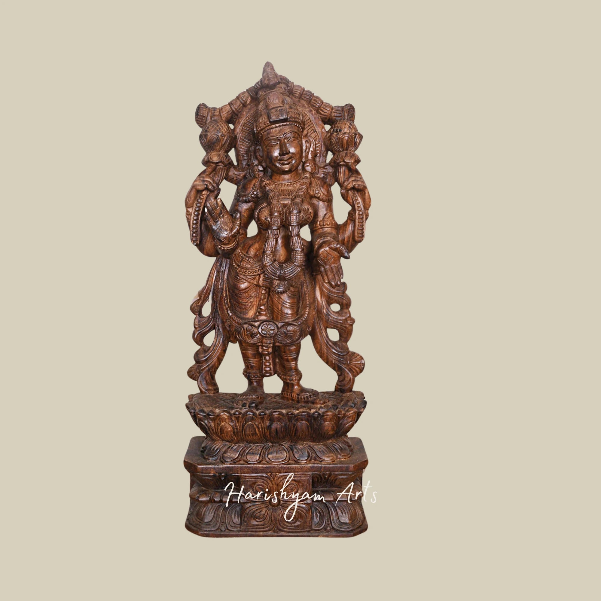 30" Wooden Lakshmi Mata Murti of Blessing Mahalakshmi Standing on a Lotus Base3