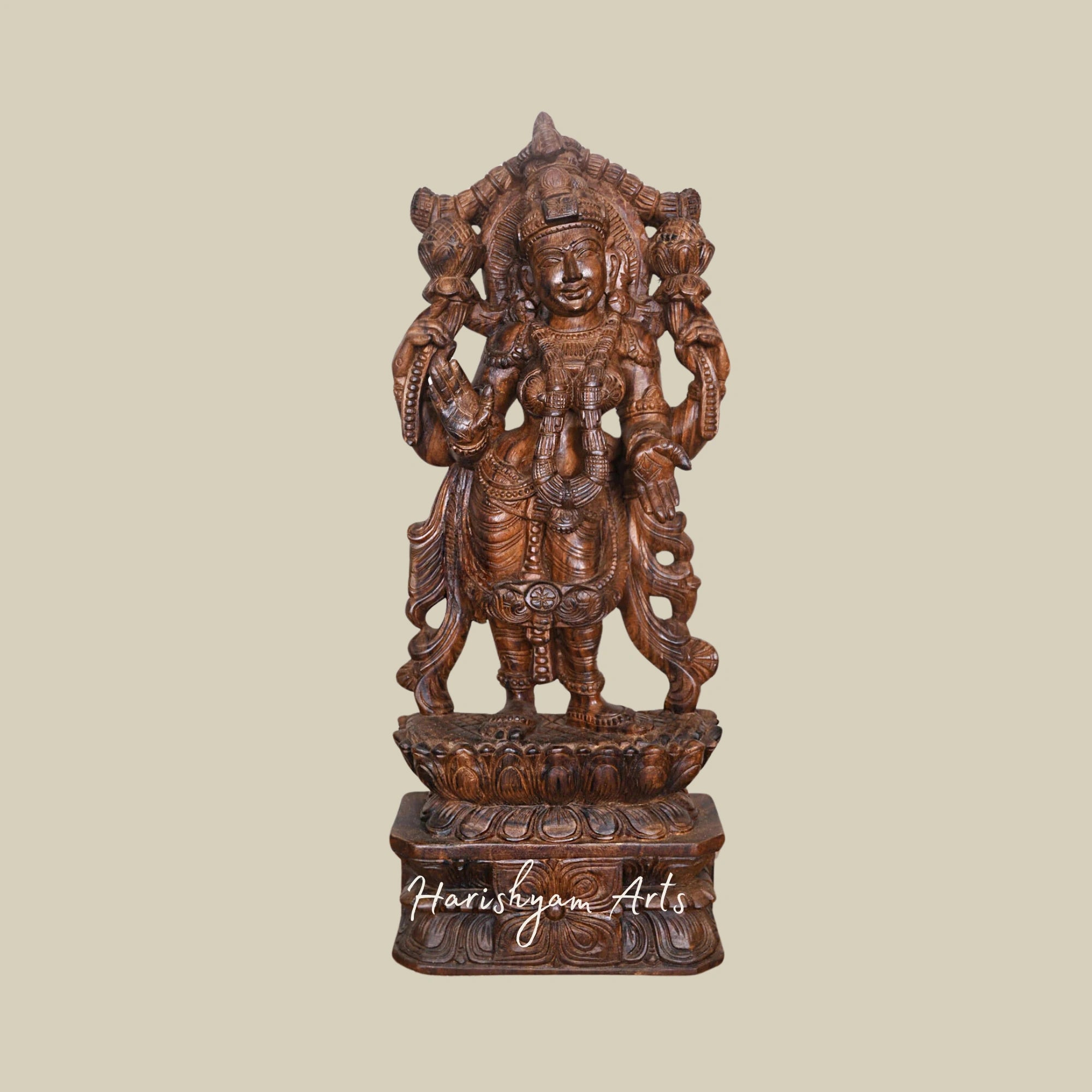 30" Wooden Lakshmi Mata Murti of Blessing Mahalakshmi Standing on a Lotus Base4