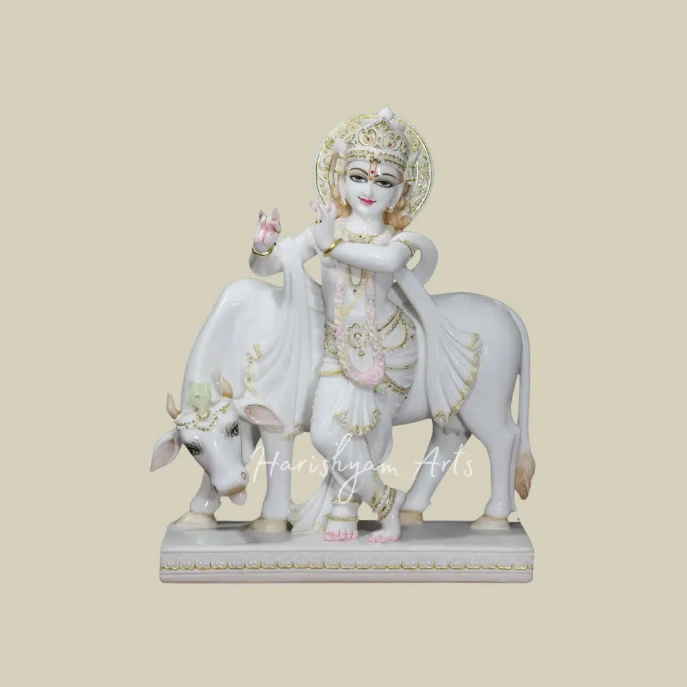 30" Krishna with cow vietnam marble statue