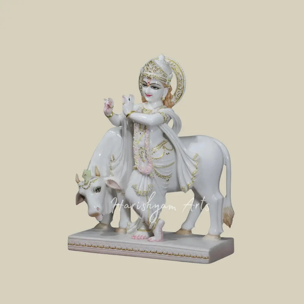 30" Krishna with cow vietnam marble statue