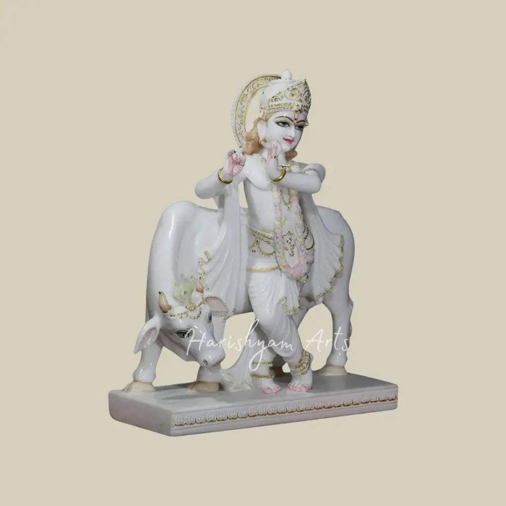 30" Krishna with cow vietnam marble statue