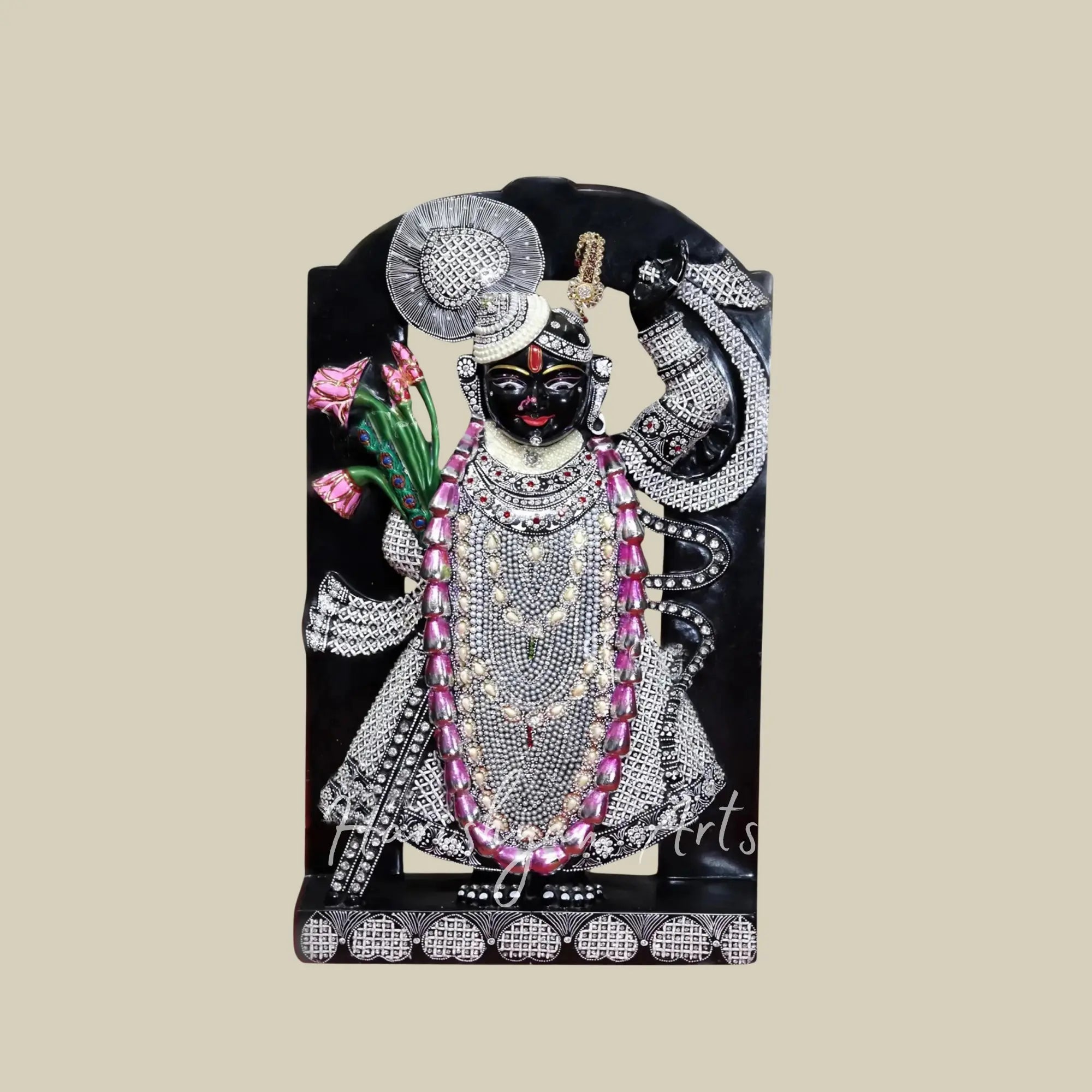 30 inches Large Black Marble Shrinathji Statue Panel