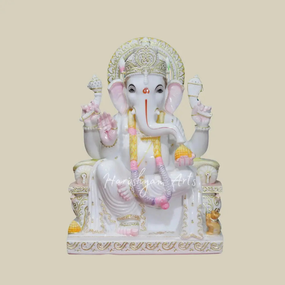 30" Lord Ganesha Statue White Makrana Marble