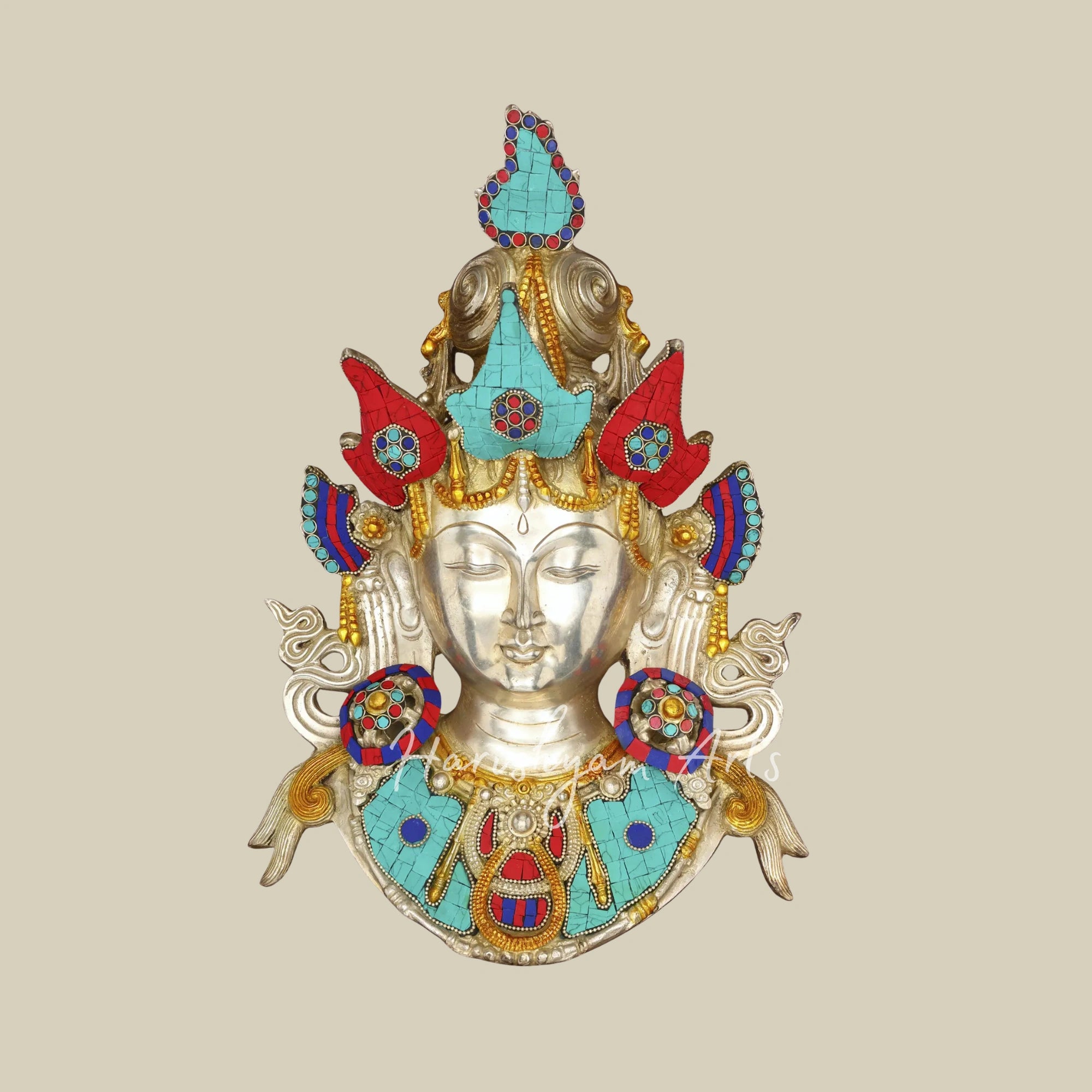 31"  Goddess Tara Brass Mask Wall Sculpture with Inlay Work and Wooden Frame