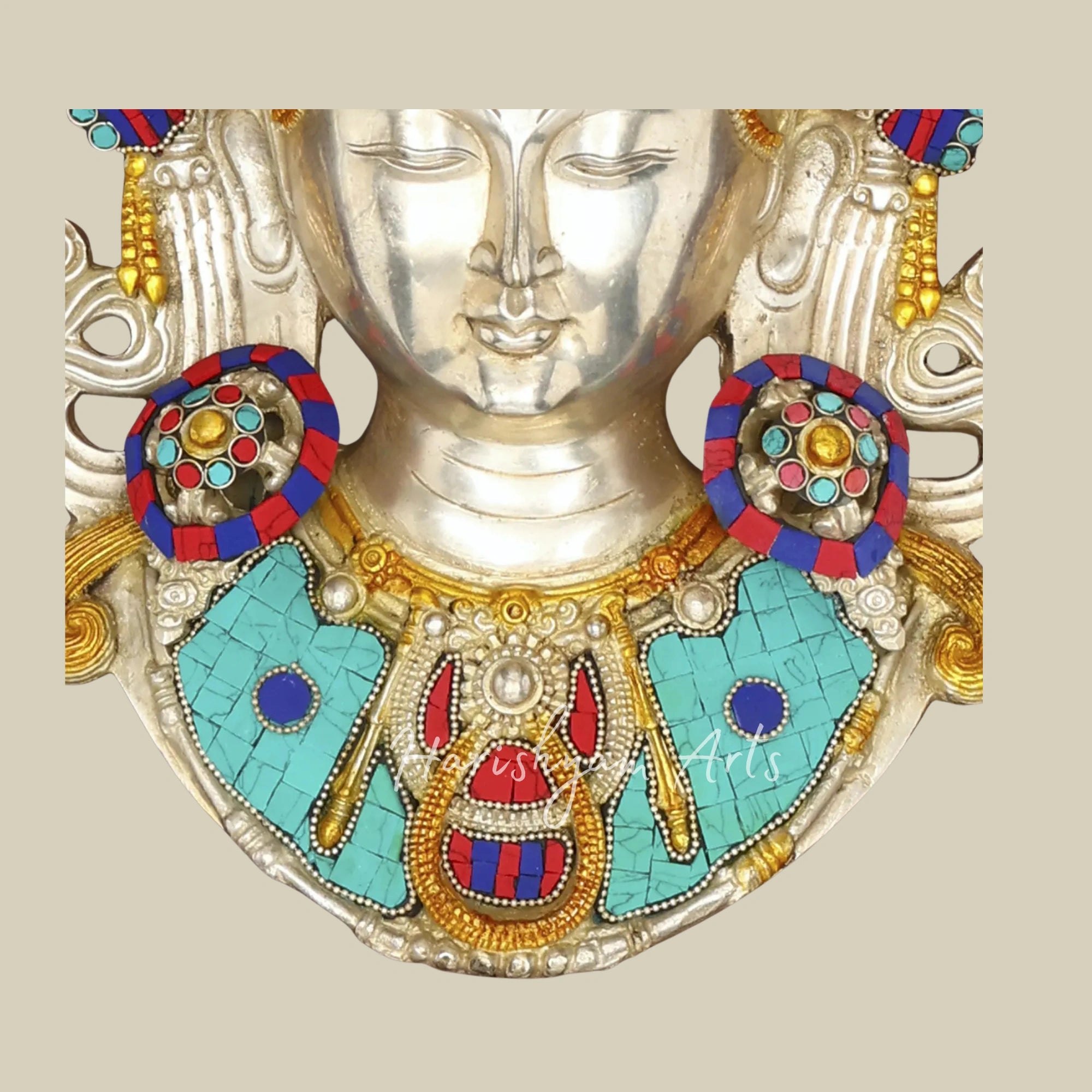 31"  Goddess Tara Brass Mask Wall Sculpture with Inlay Work and Wooden Frame