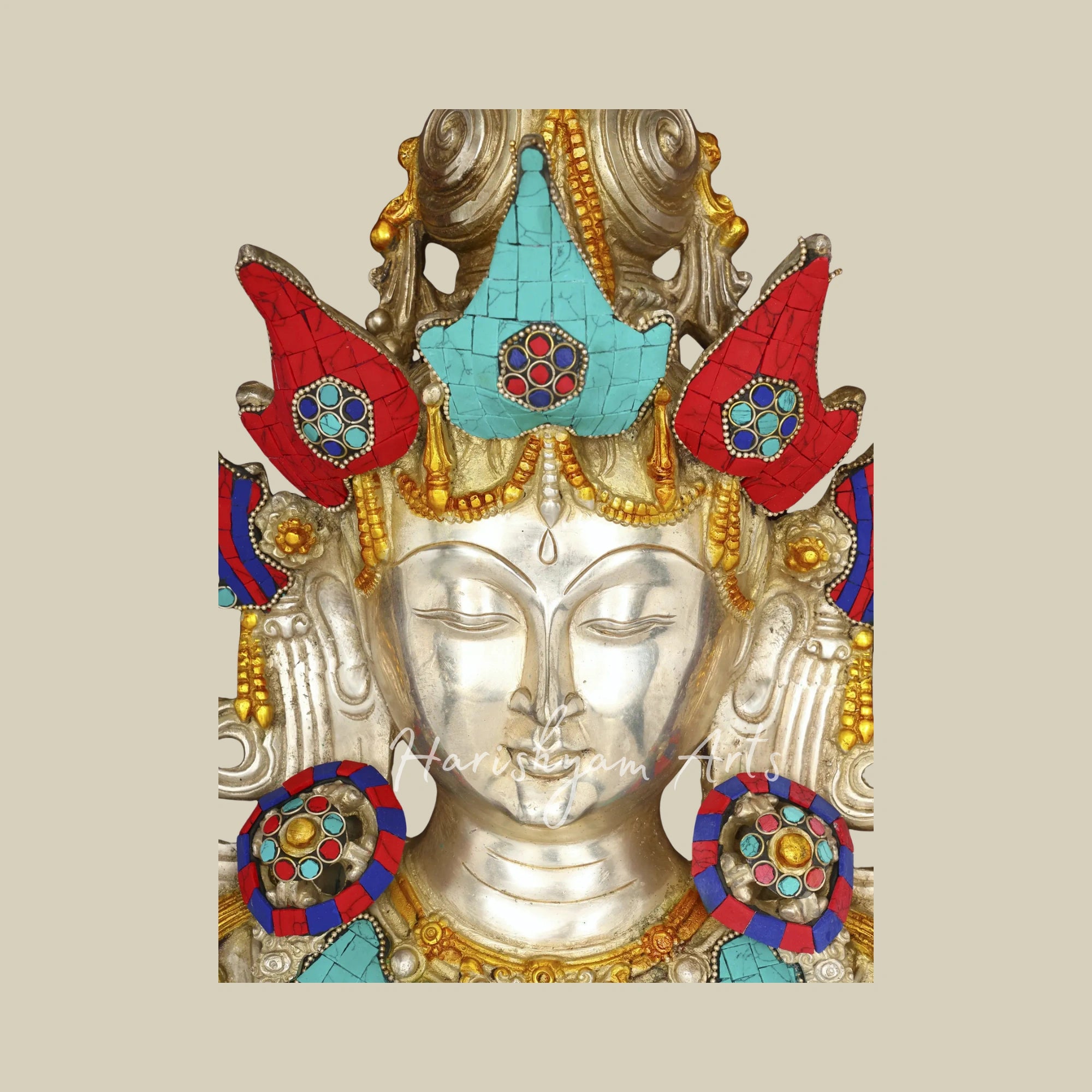 31"  Goddess Tara Brass Mask Wall Sculpture with Inlay Work and Wooden Frame