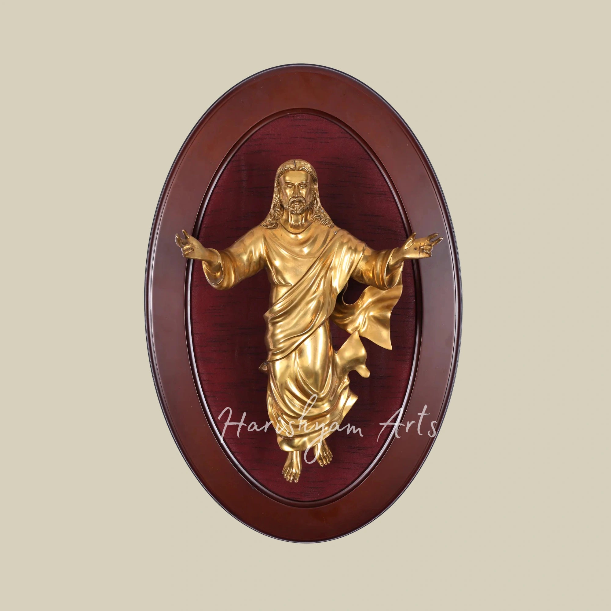 31" Jesus Christ Brass Wall Sculpture with Elegant Wooden Frame