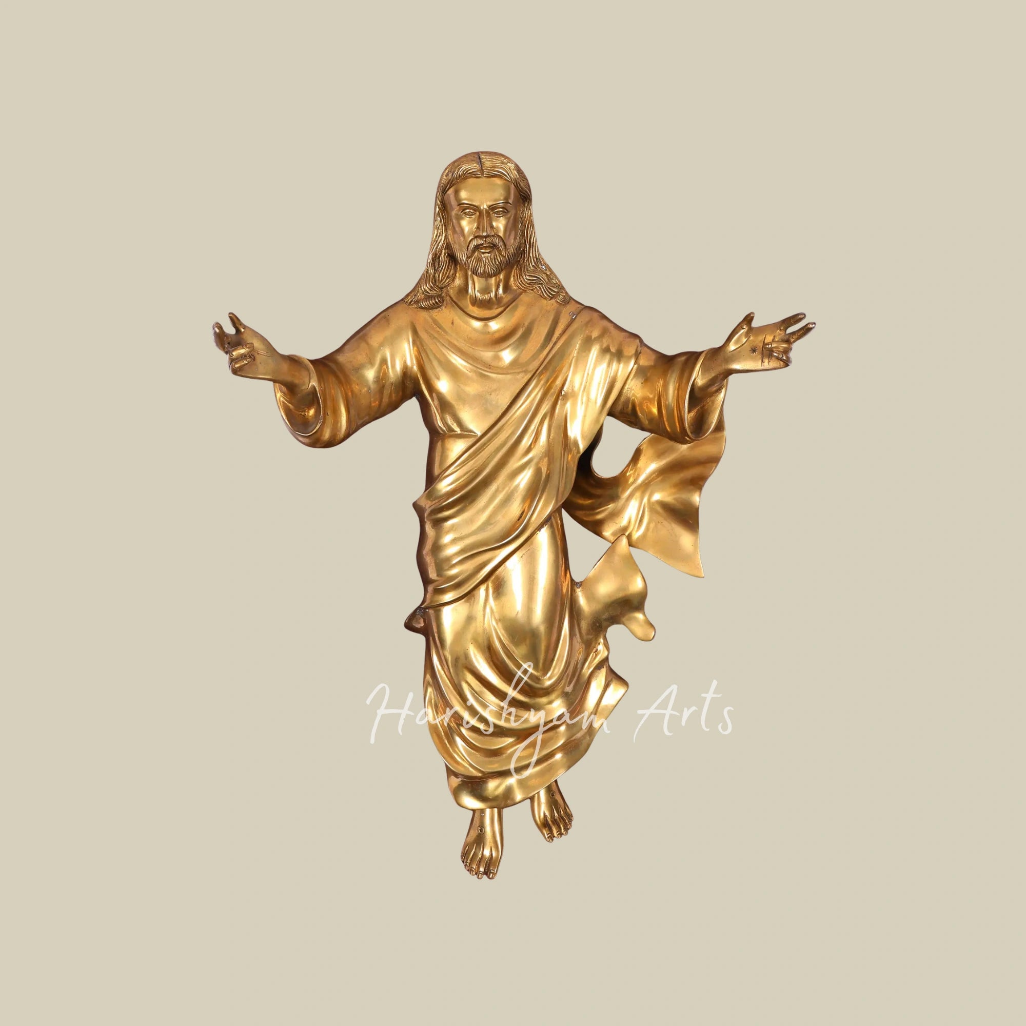 31" Jesus Christ Brass Wall Sculpture with Elegant Wooden Frame