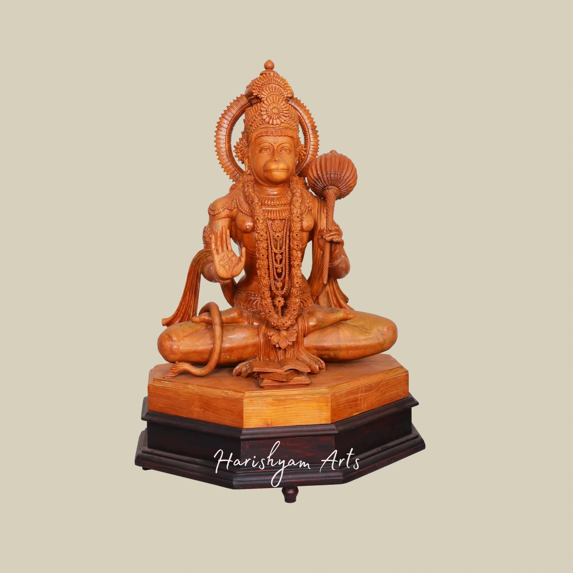 31" Wooden Blessing Hanuman Seated on an Ornate Pedestal