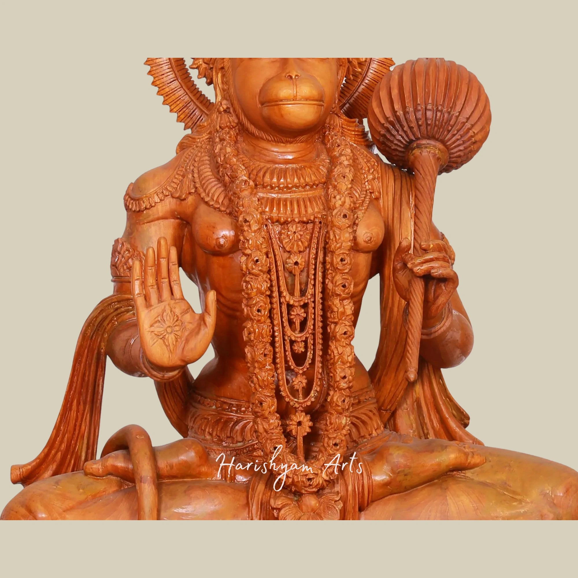 31" Wooden Blessing Hanuman Seated on an Ornate Pedestal3