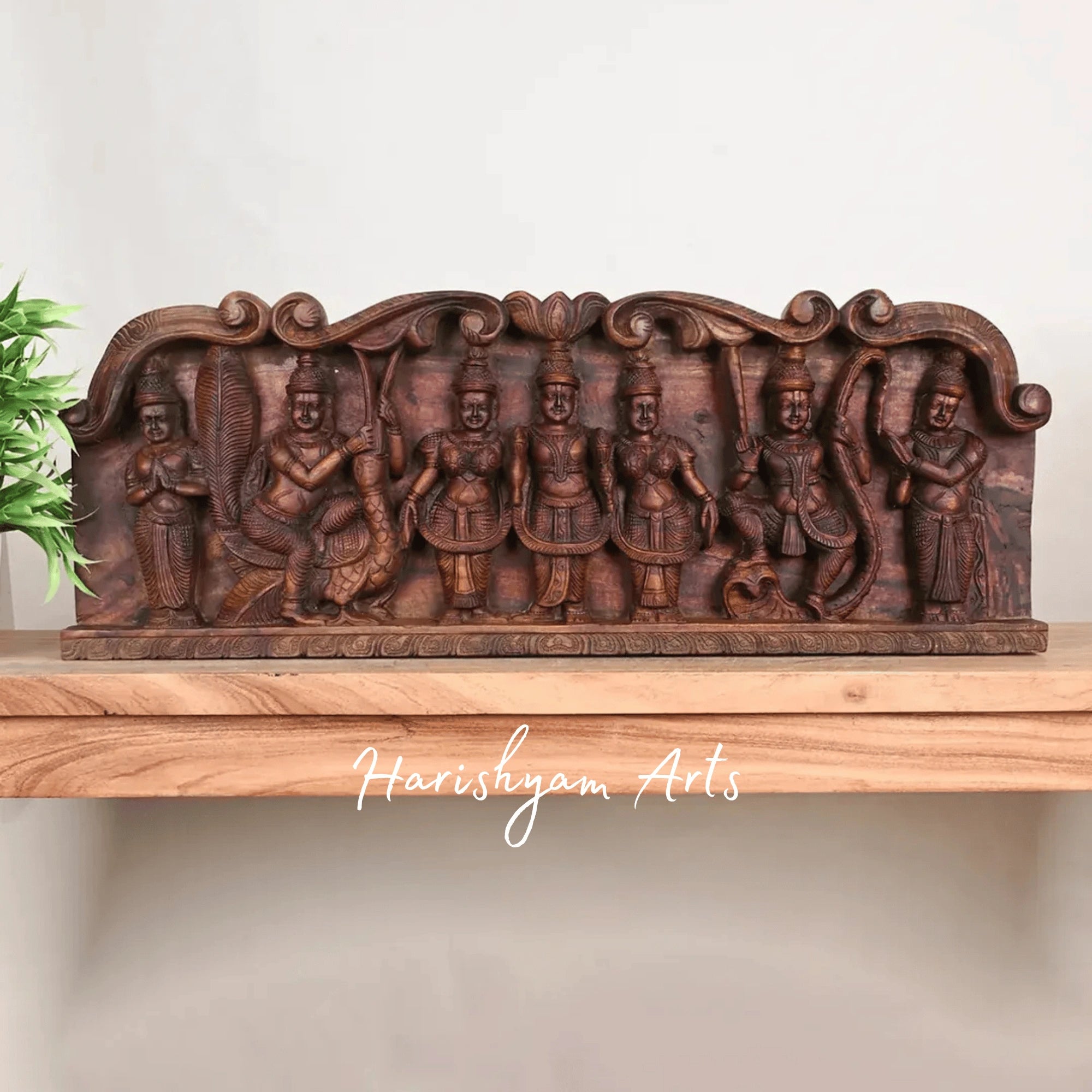 32" Krishna Legends Wooden Wall Panel – Bakasura Vadham & Kaliya Mardana Scenes