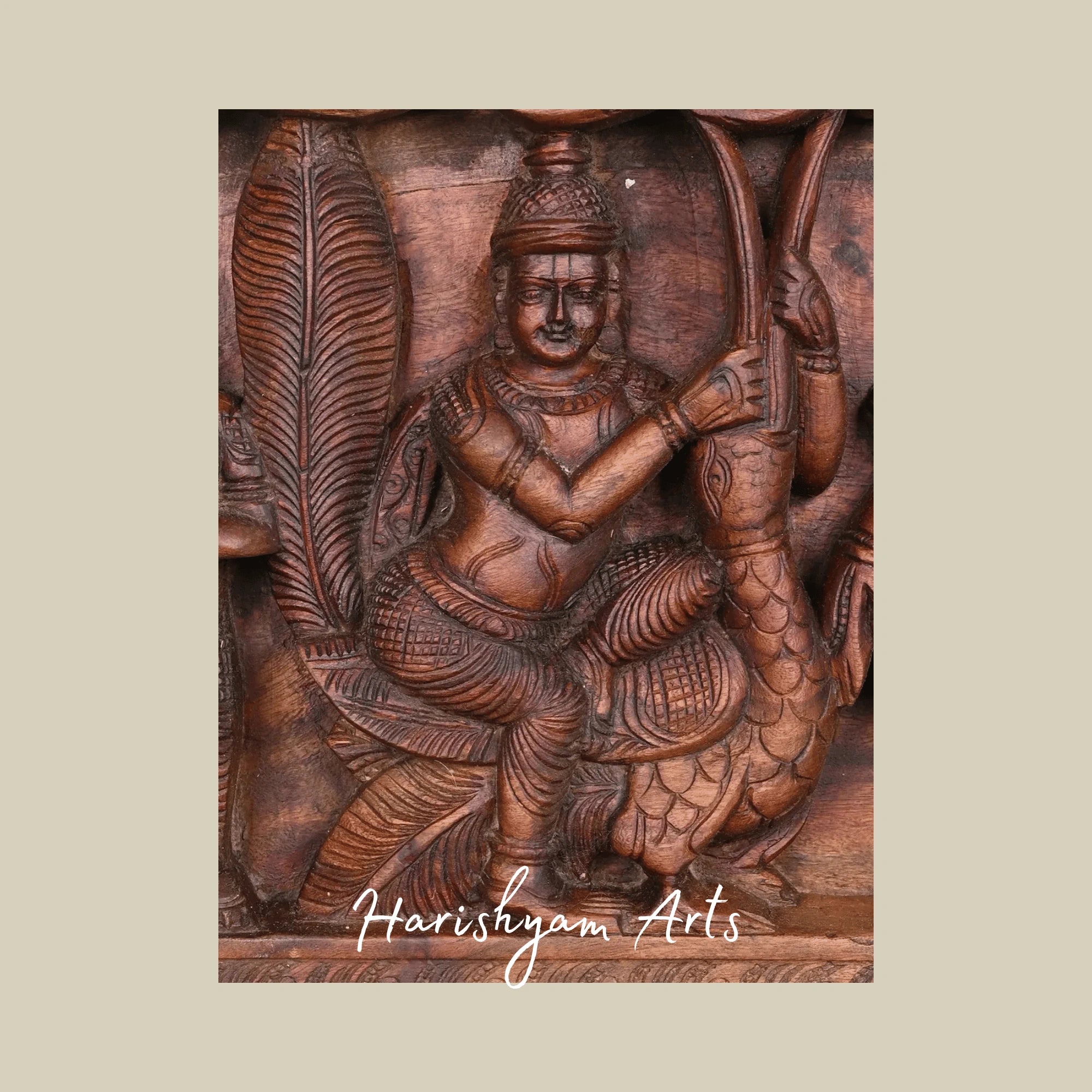 32" Krishna Legends Wooden Wall Panel – Bakasura Vadham & Kaliya Mardana Scenes