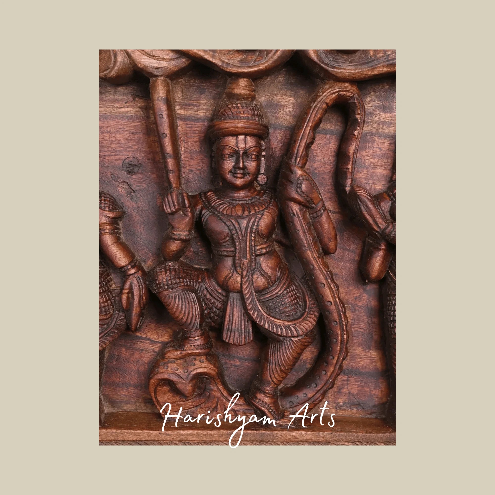 32" Krishna Legends Wooden Wall Panel – Bakasura Vadham & Kaliya Mardana Scenes