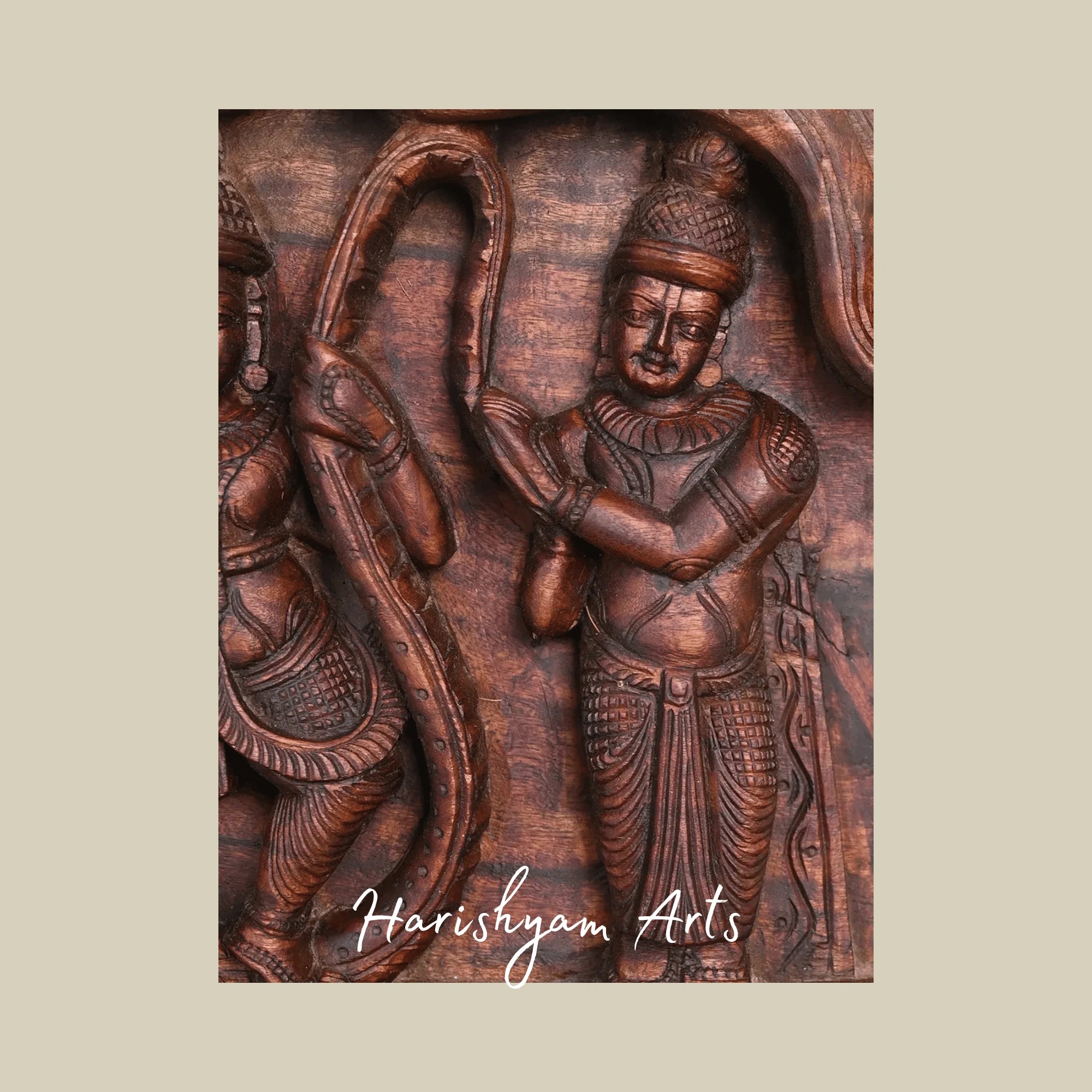 32" Krishna Legends Wooden Wall Panel – Bakasura Vadham & Kaliya Mardana Scenes