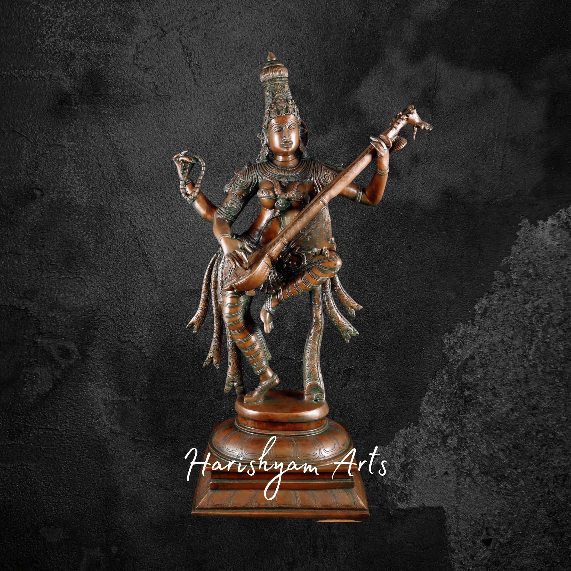 32" Superfine Brass Saraswati Statue Depicting the Goddess of Knowledge and Music
