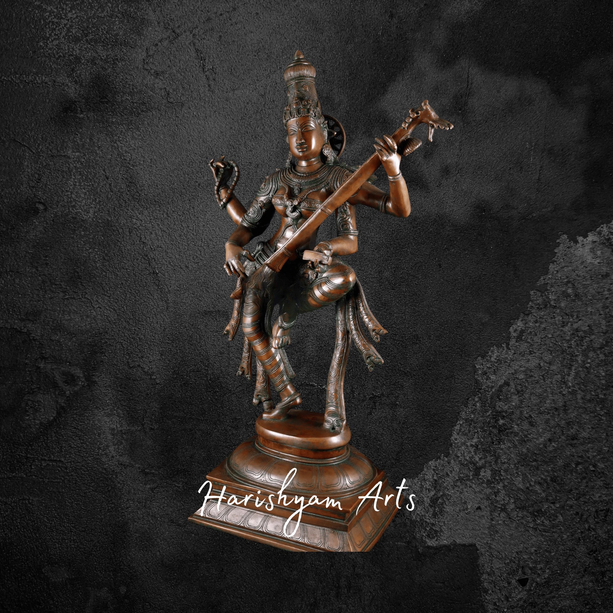 32" Superfine Brass Saraswati Statue Depicting the Goddess of Knowledge and Music