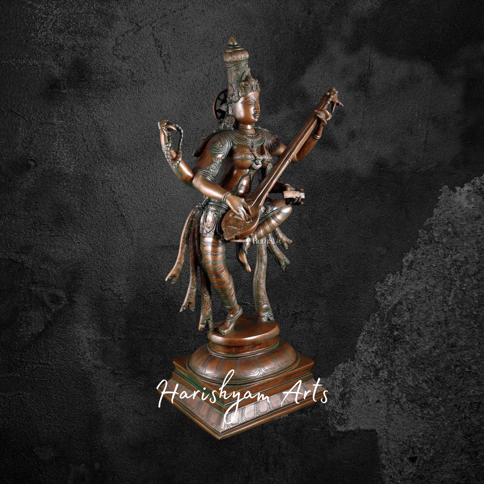 32" Superfine Brass Saraswati Statue Depicting the Goddess of Knowledge and Music