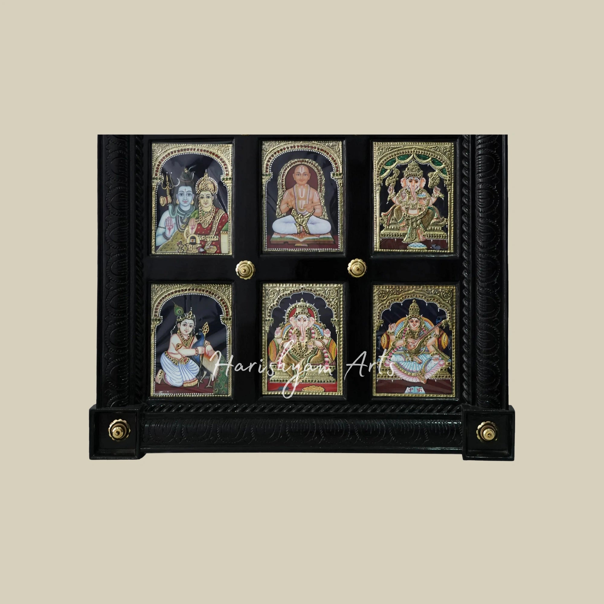 32" Tanjore Artwork Featuring Nine Deities in a Combined Decorative Frame4