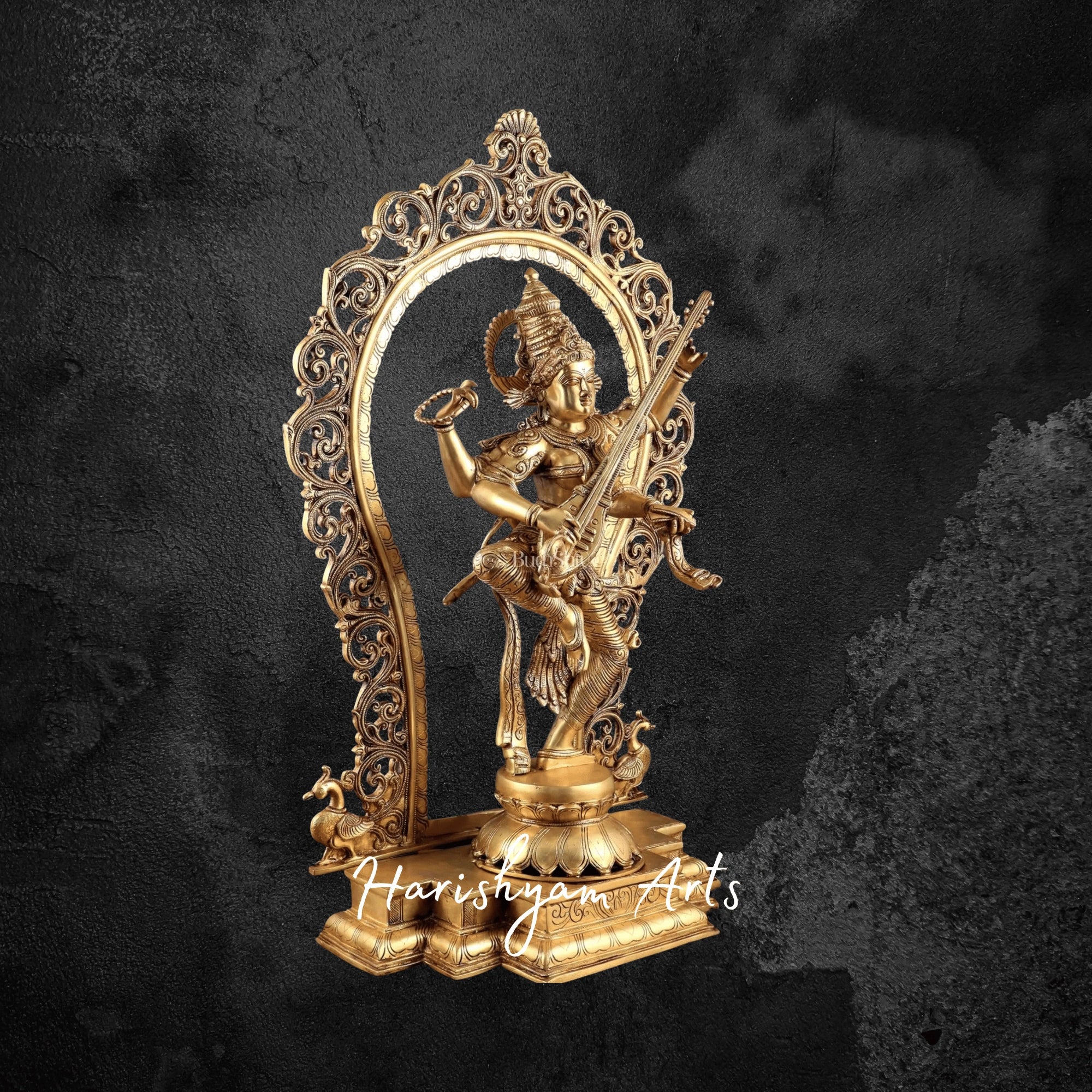33" Large Dancing Saraswati Idol in Brass with Prabhavali Backdrop Handcrafted Masterpiece